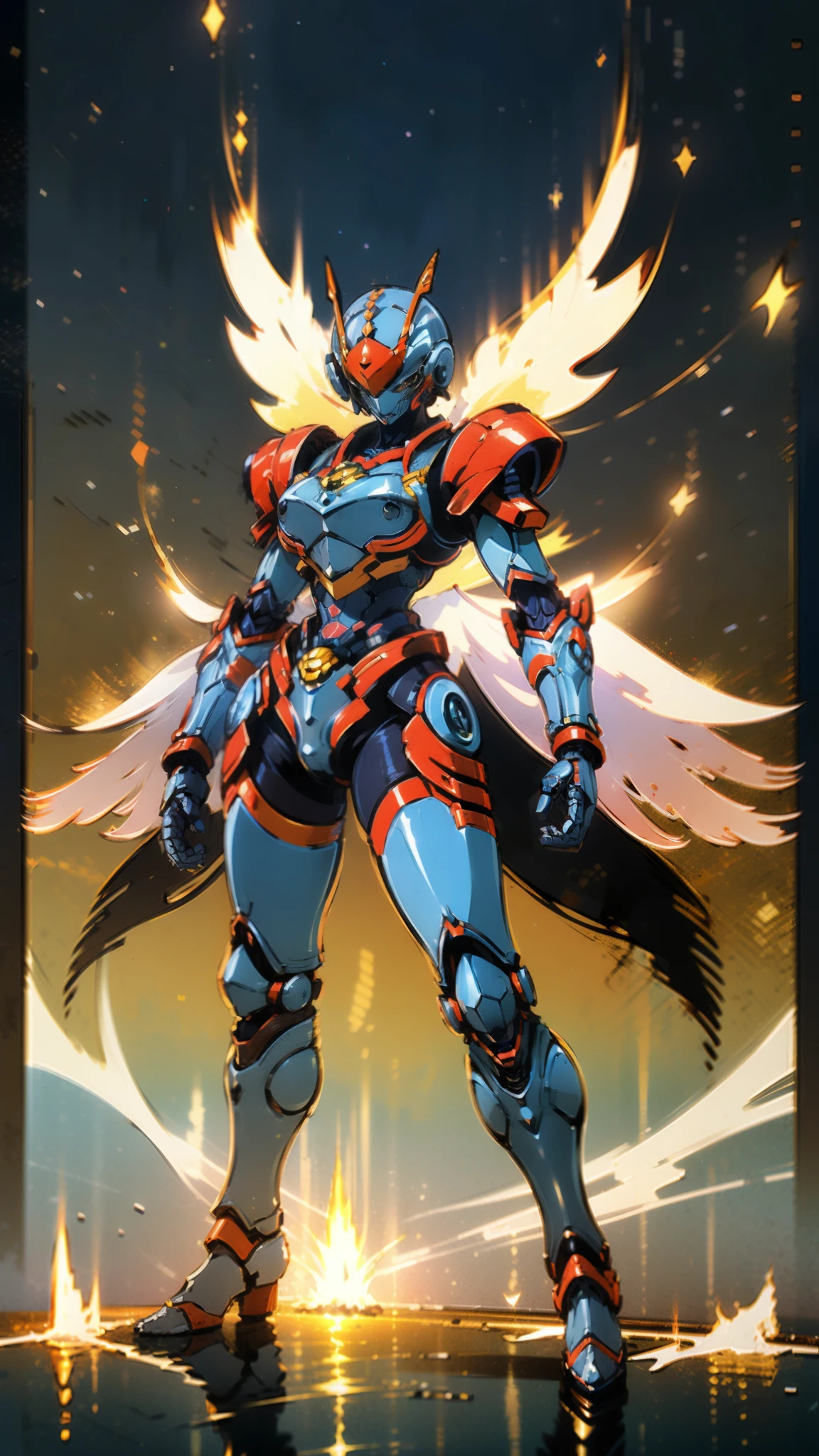 A woman adorned in fantasy-style full-body armor, a crown-concept fully enclosed helmet that unveils only her eyes, a composite layered chest plate, fully encompassing shoulder and hand guards, a lightweight waist armor, form-fitting shin guards, the overall design is heavy-duty yet flexible, ((the armor gleams with a golden glow, complemented by red and blue accents)), exhibiting a noble aura, she floats above a fantasy-surreal high-tech city, this character embodies a finely crafted fantasy-surreal style armored hero in anime style, exquisite and mature manga art style, (Queen bee mixed with Spider concept Armor, plasma, blood), ((Element, energy, elegant, goddess, femminine:1.5)), metallic, high definition, best quality, highres, ultra-detailed, ultra-fine painting, extremely delicate, professional, anatomically correct, symmetrical face, extremely detailed eyes and face, high quality eyes, creativity, RAW photo, UHD, 32k, Natural light, cinematic lighting, masterpiece-anatomy-perfect, masterpiece:1.5