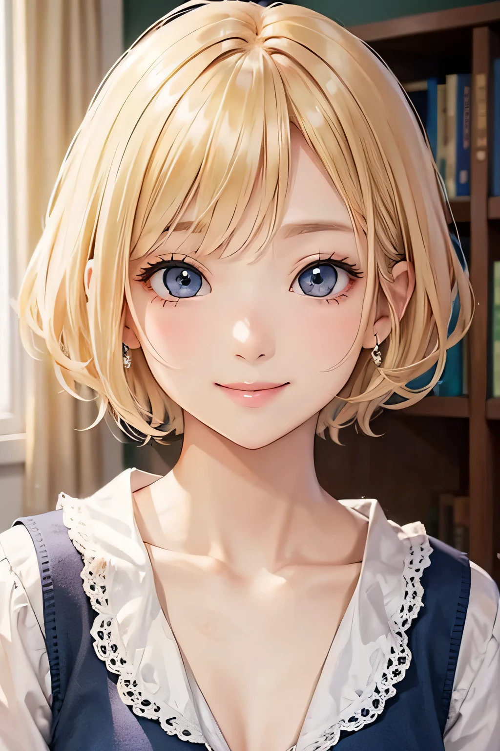 blonde、short hair、girl1、Second-rate、close up of face、smile、room、study