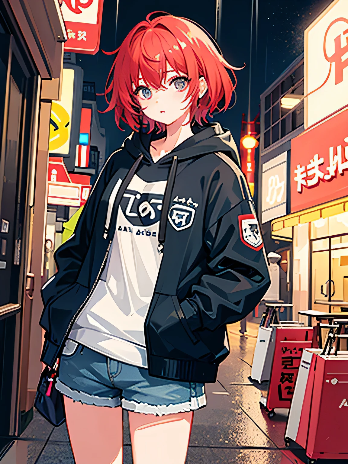 ((highest quality))、((masterpiece))、((Super detailed))、1 female、alone、incredibly absurd、oversized hoodie、headphones、street、outdoors、it rains at night、neon、short cut hair、brightly colored eyes、put one'Hand in hand'pocket of、shorts、water dripping、Red hair in the hair
