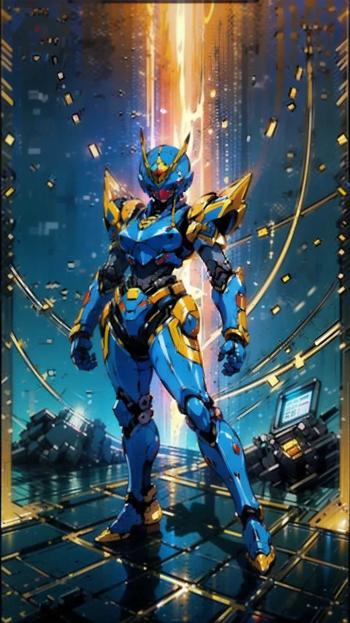 A woman adorned in fantasy-style full-body armor, a crown-concept fully enclosed helmet that unveils only her eyes, a composite layered chest plate, fully encompassing shoulder and hand guards, a lightweight waist armor, form-fitting shin guards, the overall design is heavy-duty yet flexible, ((the armor gleams with a golden glow, complemented by red and blue accents)), exhibiting a noble aura, she floats above a fantasy-surreal high-tech city, this character embodies a finely crafted fantasy-surreal style armored hero in anime style, exquisite and mature manga art style, (Queen bee mixed with Spider concept Armor, plasma, blood), ((Element, energy, elegant, goddess, femminine:1.5)), metallic, high definition, best quality, highres, ultra-detailed, ultra-fine painting, extremely delicate, professional, anatomically correct, symmetrical face, extremely detailed eyes and face, high quality eyes, creativity, RAW photo, UHD, 32k, Natural light, cinematic lighting, masterpiece-anatomy-perfect, masterpiece:1.5