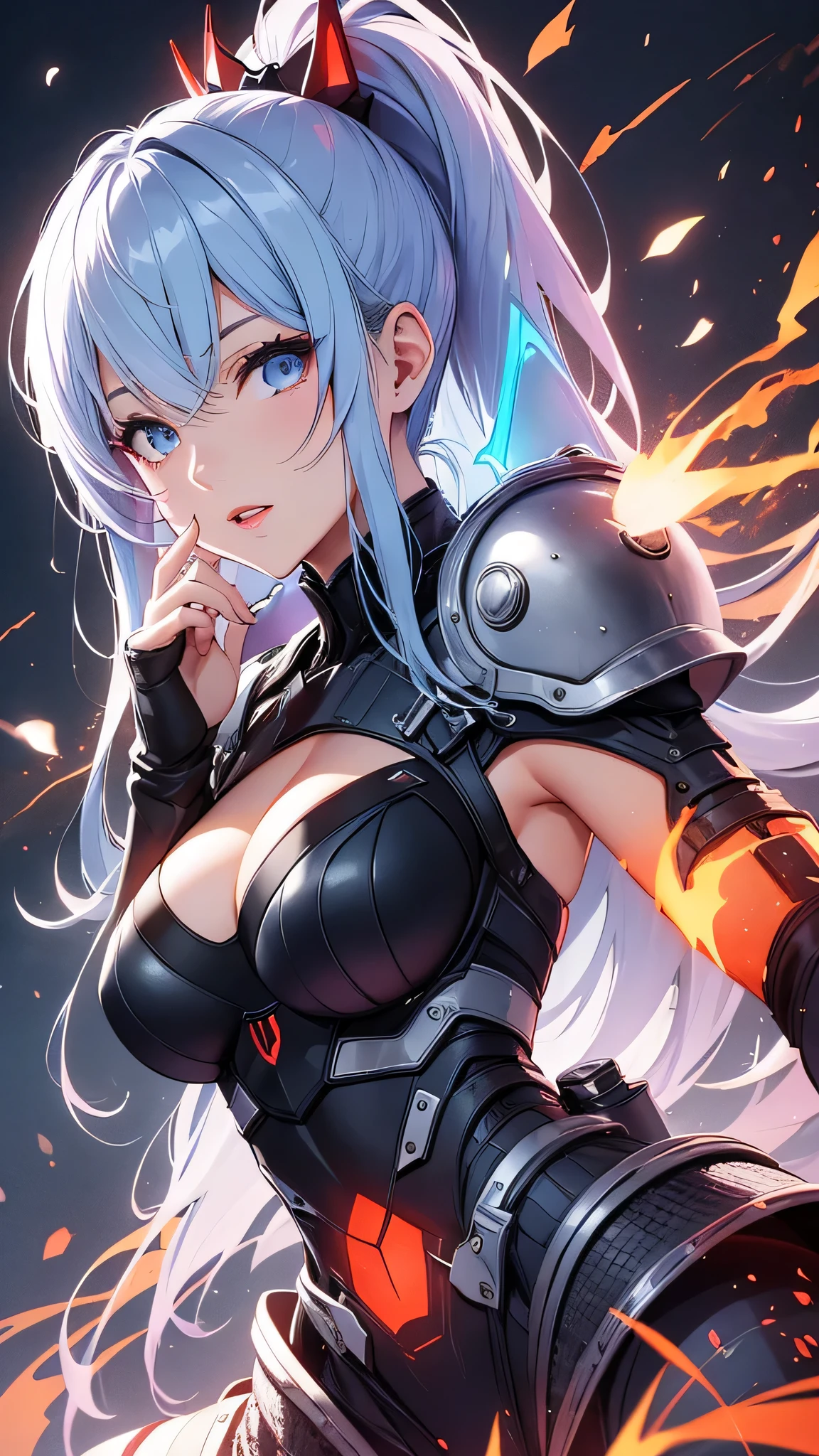 最high quality、best image quality、masterpiece、age girl((20-year-old、 By becoming、vest bust、medium bust,wide open breast tea、shining eyes, light blue hair、long hair、thin,highest valley、ponytail、robot body、Machine body、red lipstick)),high quality、beautiful art、background((spark、up in flames、red lighting))、Flight、debris flies、Depth of written boundary、movie、visual art、perfect art、8k,genuine、