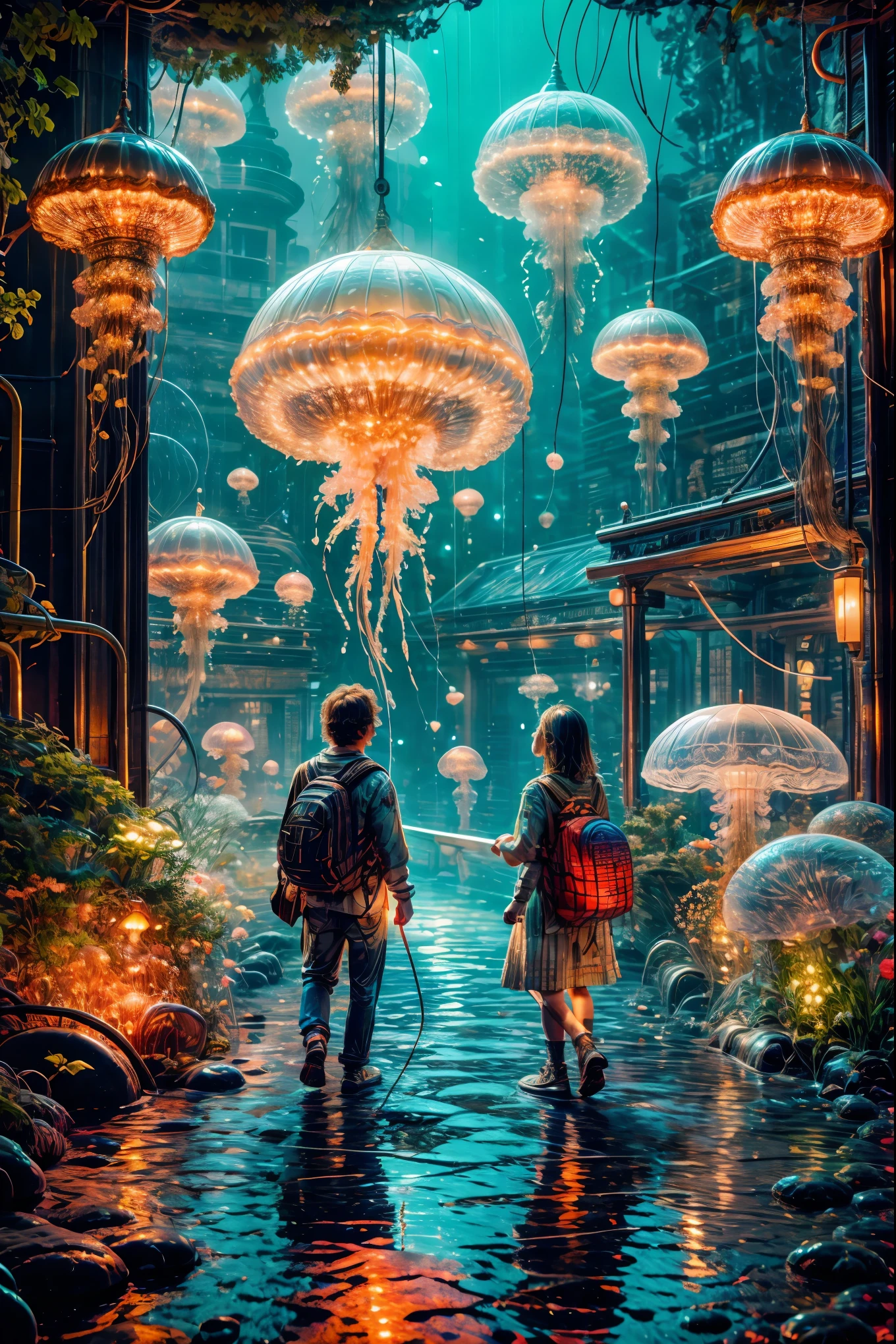 A city made of jellyfish, extraterrestrial jellyfish, space jellyfish, (best quality,4k,8k,highres,masterpiece:1.2), ultra-detailed, (realistic,photorealistic,photo-realistic:1.37), vibrant colors, surreal lighting, surreal atmosphere, glowing tentacles, transparent bodies, floating in the sky, underwater structures, bioluminescent organisms, dreamlike surroundings.