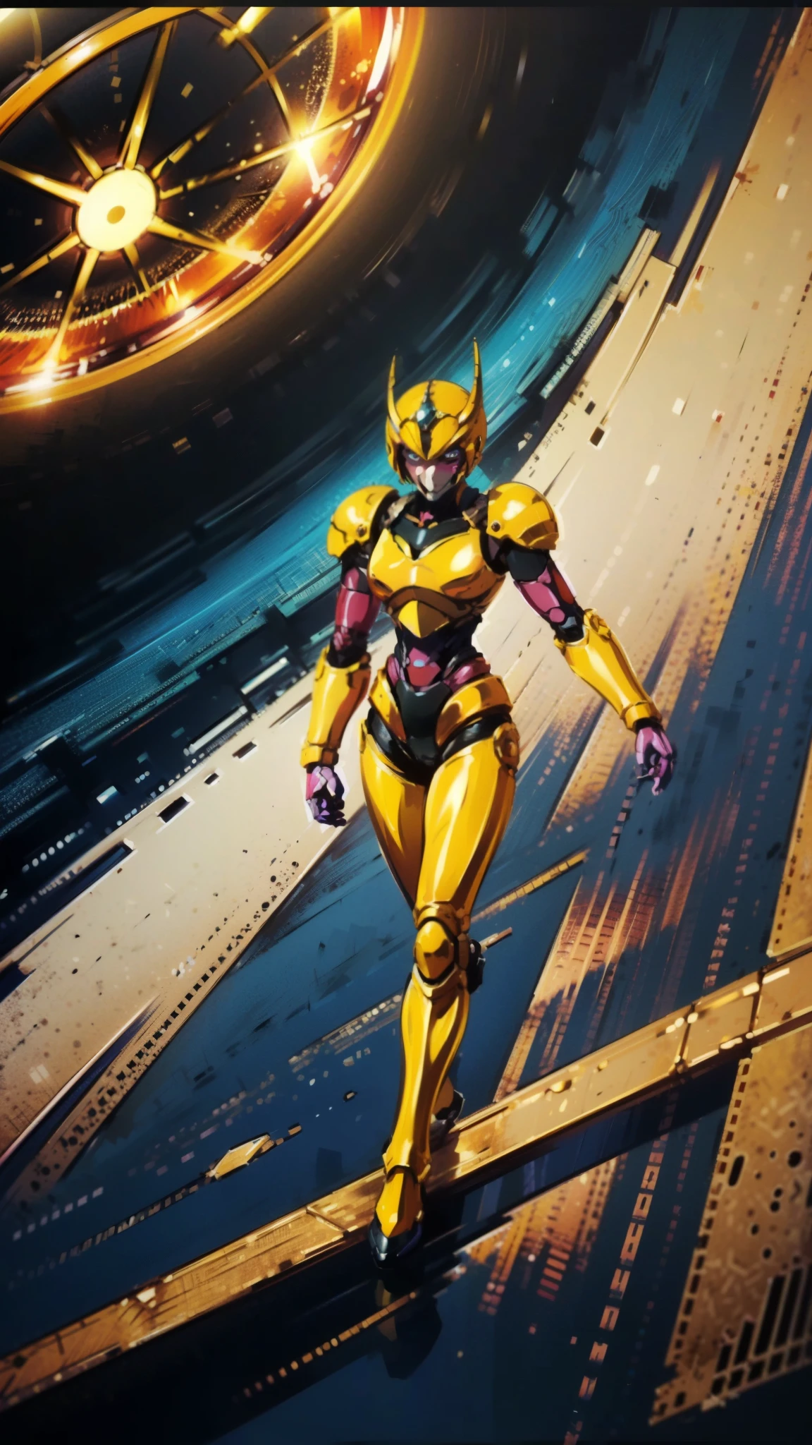 A woman adorned in fantasy-style full-body armor, a crown-concept fully enclosed helmet that unveils only her eyes, a composite layered chest plate, fully encompassing shoulder and hand guards, a lightweight waist armor, form-fitting shin guards, the overall design is heavy-duty yet flexible, ((the armor gleams with a golden glow, complemented by red and blue accents)), exhibiting a noble aura, she floats above a fantasy-surreal high-tech city, this character embodies a finely crafted fantasy-surreal style armored hero in anime style, exquisite and mature manga art style, (Queen bee mixed with Spider concept Armor, plasma, blood), ((Element, energy, elegant, goddess, femminine:1.5)), metallic, high definition, best quality, highres, ultra-detailed, ultra-fine painting, extremely delicate, professional, anatomically correct, symmetrical face, extremely detailed eyes and face, high quality eyes, creativity, RAW photo, UHD, 32k, Natural light, cinematic lighting, masterpiece-anatomy-perfect, masterpiece:1.5