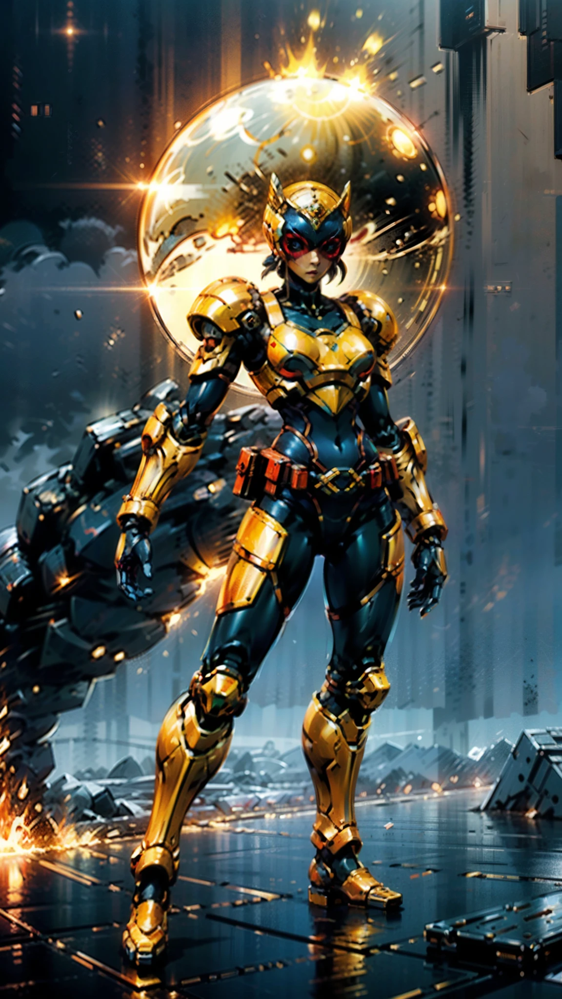 A woman adorned in fantasy-style full-body armor, a crown-concept fully enclosed helmet that unveils only her eyes, a composite layered chest plate, fully encompassing shoulder and hand guards, a lightweight waist armor, form-fitting shin guards, the overall design is heavy-duty yet flexible, ((the armor gleams with a golden glow, complemented by red and blue accents)), exhibiting a noble aura, she floats above a fantasy-surreal high-tech city, this character embodies a finely crafted fantasy-surreal style armored hero in anime style, exquisite and mature manga art style, (Queen bee mixed with Spider concept Armor, plasma, blood), ((Element, energy, elegant, goddess, femminine:1.5)), metallic, high definition, best quality, highres, ultra-detailed, ultra-fine painting, extremely delicate, professional, anatomically correct, symmetrical face, extremely detailed eyes and face, high quality eyes, creativity, RAW photo, UHD, 32k, Natural light, cinematic lighting, masterpiece-anatomy-perfect, masterpiece:1.5