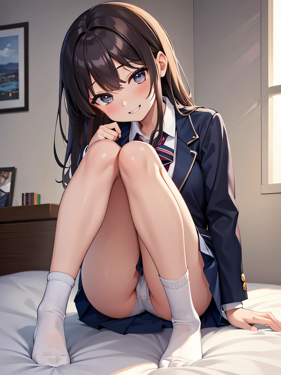 (1) A woman is sitting on a bed holding her knees, But you can see her white panties between her thighs and skirt..
(2) She wears a uniform consisting of a navy blazer and a navy miniskirt.、I'm wearing loose socks.
(3) She has long brown hair.
(4) she has a provocative personality, a smiling expression on her face.
(5) The location is the bed in the bedroom of an apartment at night..