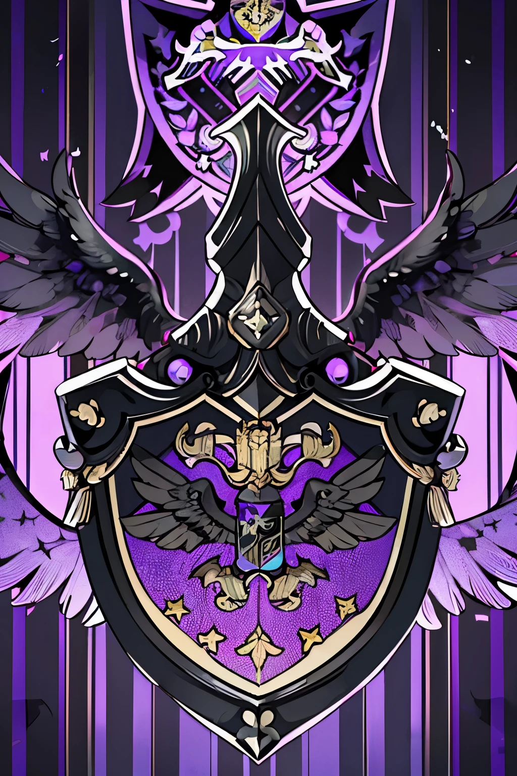 ( coat of arms design) griffin in the center of the shield, a black and purple shield with a stylized design on it, shield design, fantasy shield, purple and black armor, balck and purple coat of arms, shield emblem, royal coat of arms, sword, griffin symbol, wings