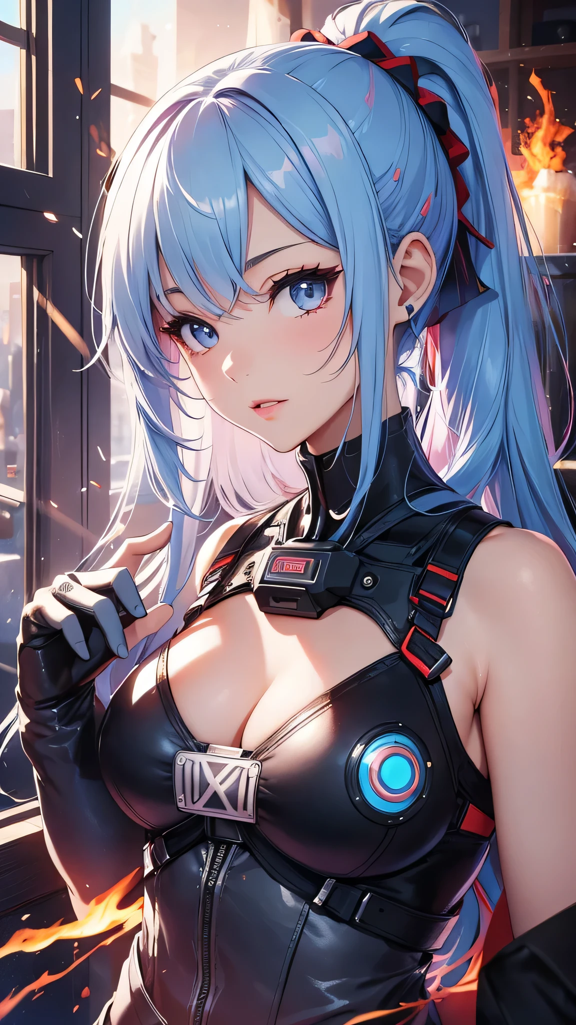 最high quality、best image quality、masterpiece、teenage girl((20-year-old、 By becoming、vest bust、medium bust,wide open breast tea、shining eyes, light blue hair、long hair、thin,highest valley、ponytail、robot body、Machine body、red lipstick、half-backed posture、coin toss)),high quality、beautiful art、background((spark、up in flames、red lighting))、Flight、debris flies、Depth of written boundary、movie、visual art、perfect art、8k,genuine、
