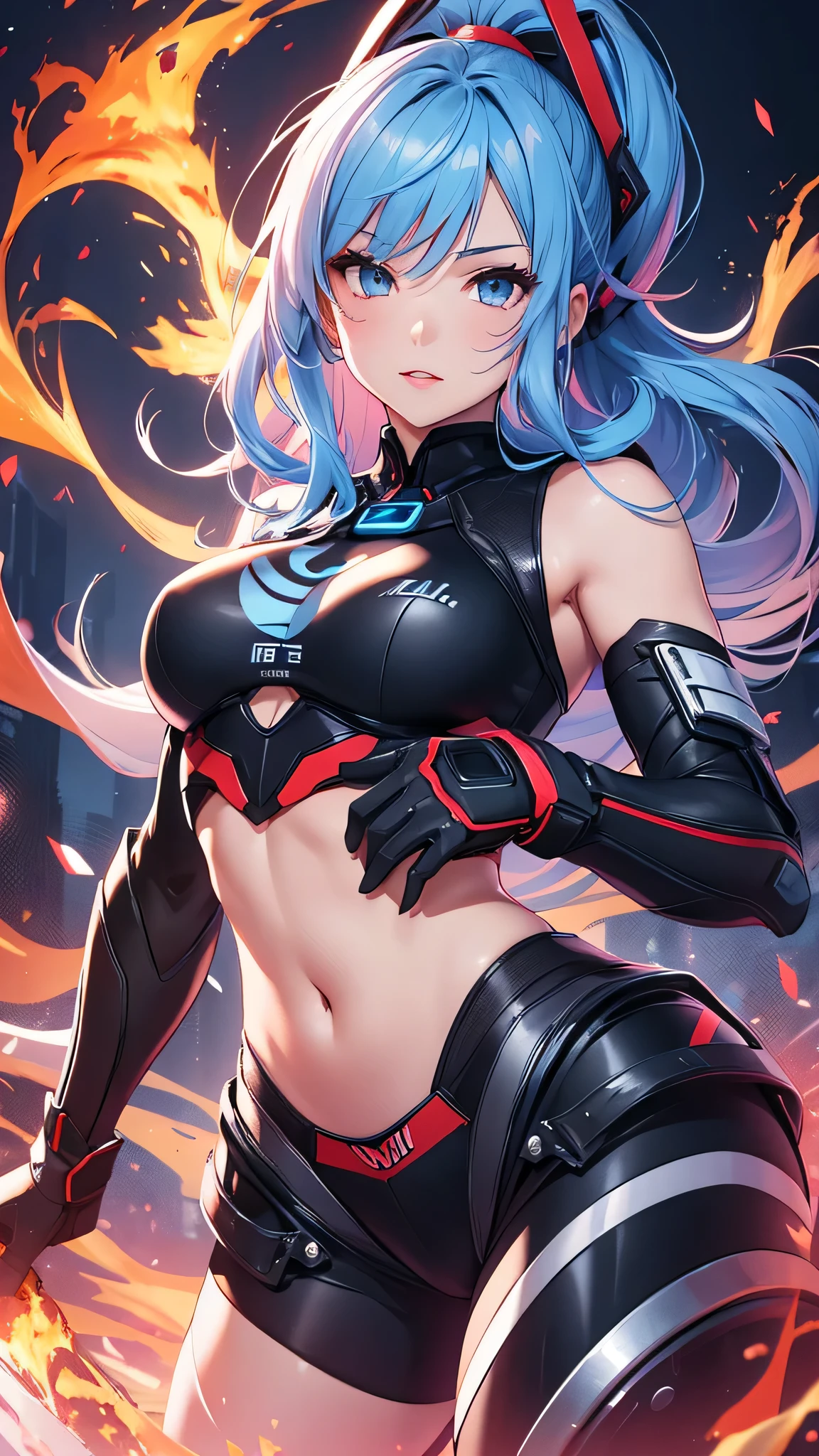 最high quality、best image quality、masterpiece、teenage girl((20-year-old、 By becoming、vest bust、medium bust,wide open breast tea、shining eyes, light blue hair、long hair、thin,highest valley、ponytail、monster arm、monster leg arm、fighting pose)),high quality、beautiful art、background((spark、up in flames、red lighting))、Flight、debris flies、Depth of written boundary、movie、visual art、perfect art、8k,genuine、