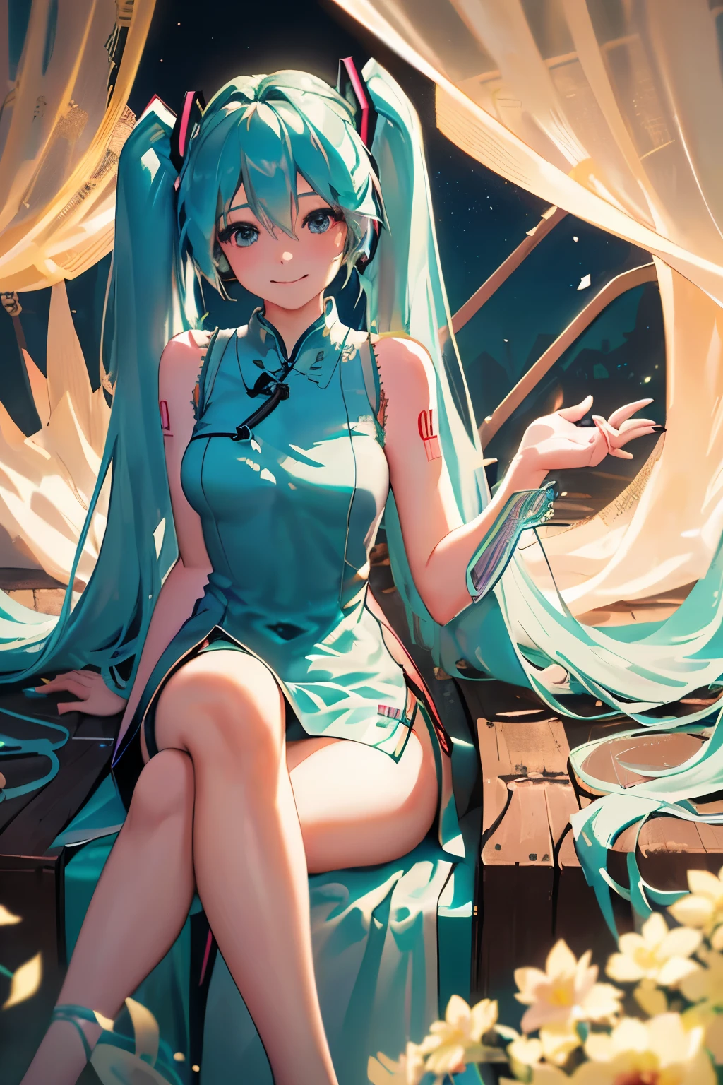 (Long flowy haircut), bokeh, ((backlit hair)) , ultra detailed, beautiful face, (((hair flowing beautifully in the wind))) , perfect smooth legs, (perfect eyes) , (defined medium sized breasts) , ((correct anatomy)) , ((cinematic depth of field)), (((bokeh particles))), perfect curved body, (((((Hatsune Miku))))), (((((wearing an elegant cheongsam dress designed for Hatsune Miku))))), white cherry blossom, wide angle view, glamour posing, smiling, elegant hair adjusting, (perfect symmetry), bokeh, enchanted forest in the background, crossed legs, ((elegant lady sitting pose)), looking at viewer, flower details