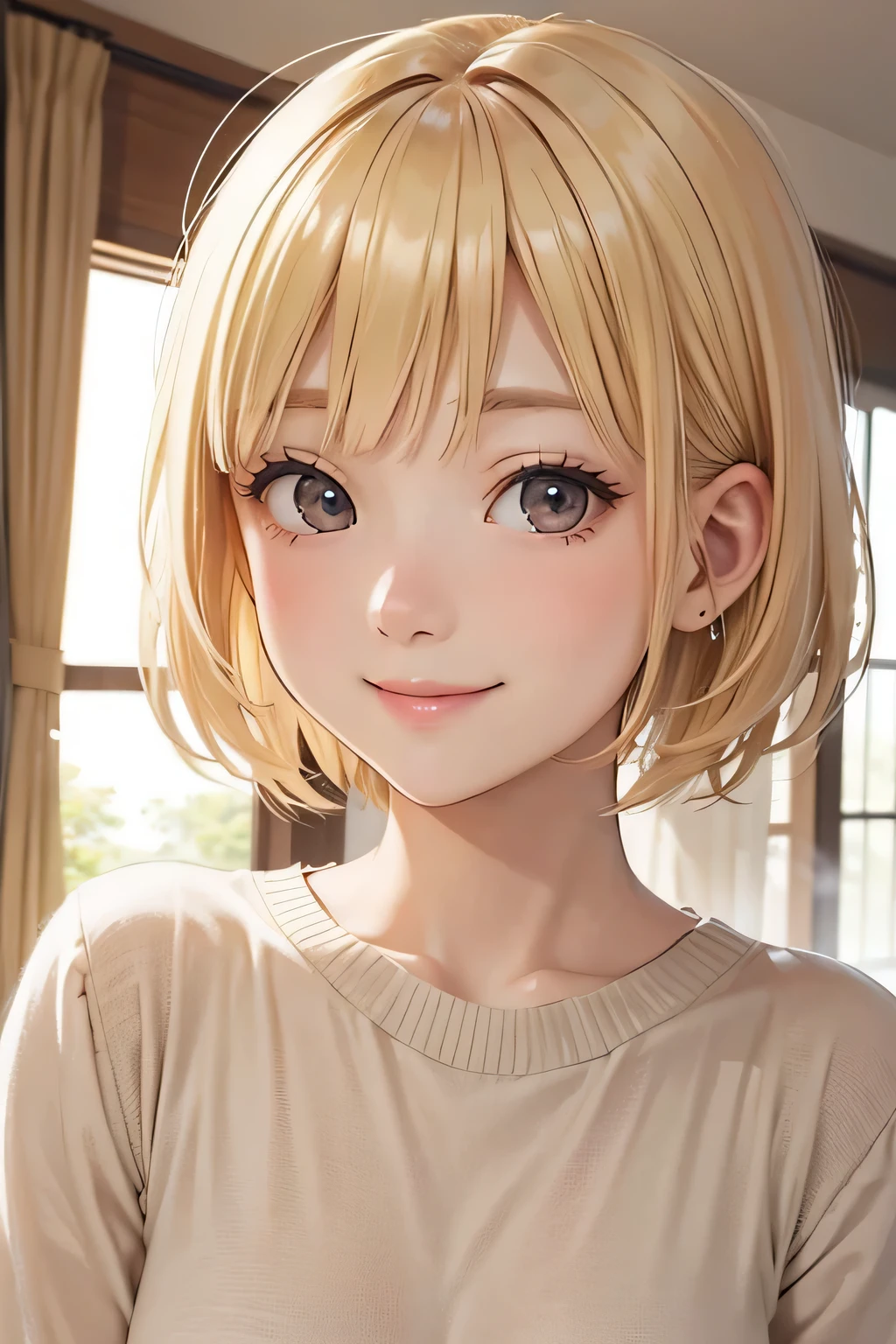 blonde、short hair、girl１、Second-rate、close up of face、smile、room、study