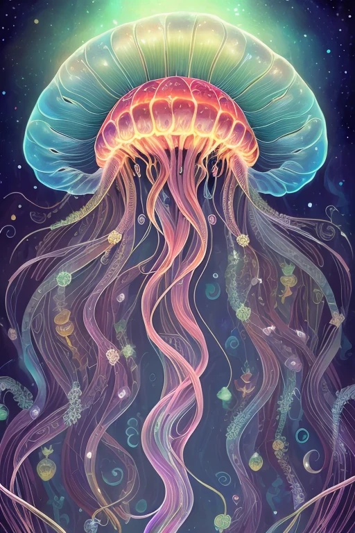 a drawing of a jellyfish with a long tentacles and a long tail, jellyfish headdress, jellyfish fractal, victorian era，jellyfish element, jellyfish phoenix, jellyfish, phoenix jellyfish, jellyfish priestess, transparent jellyfish, cyberpunk jellyfish, jellyfish god, jellyfish dancing, long faint tentacles, jellyfish pheonix, jellyfish, jellyfish element, space jellyfish