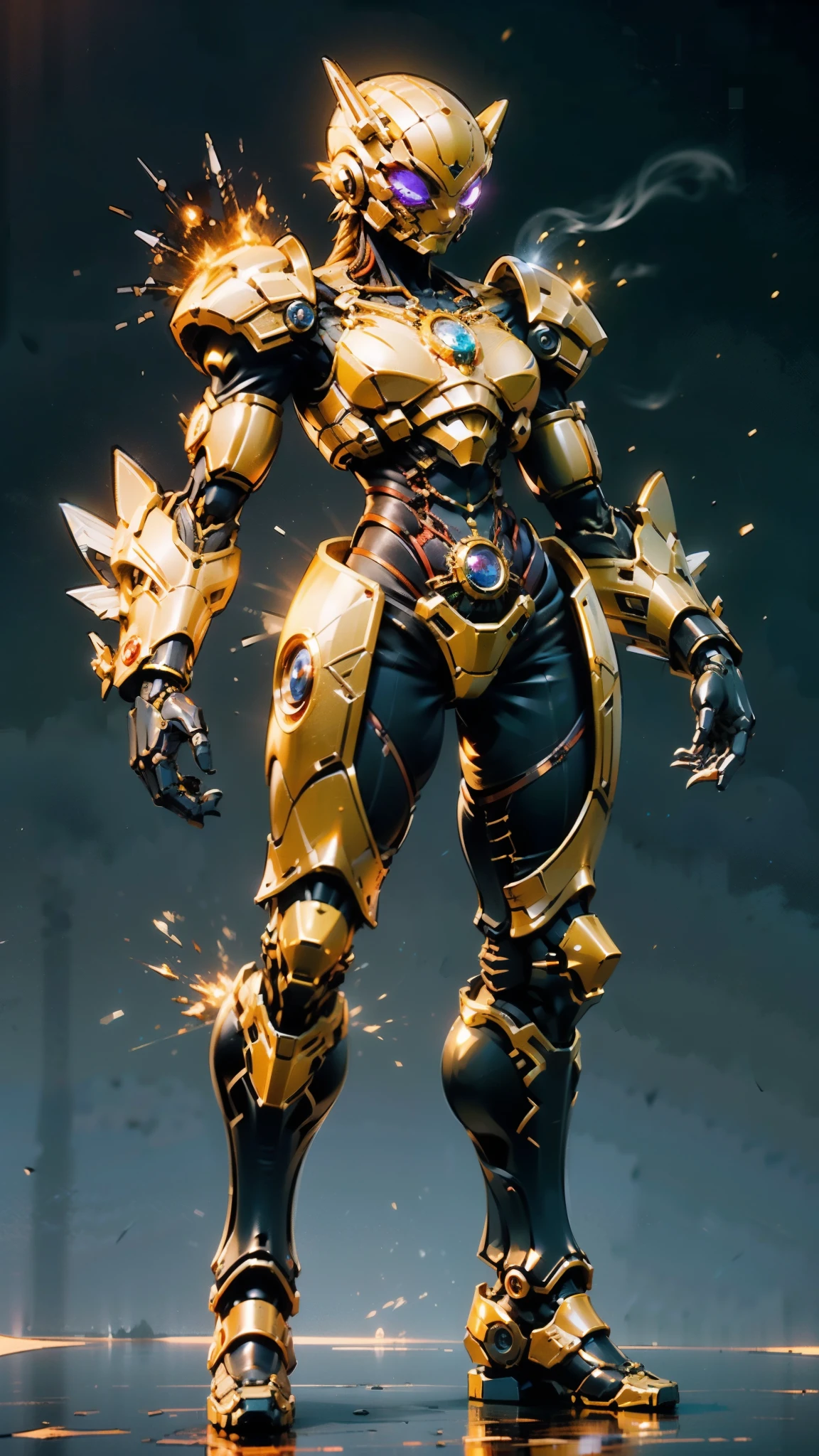 A woman adorned in fantasy-style full-body armor, a crown-concept fully enclosed helmet that unveils only her eyes, a composite layered chest plate, fully encompassing shoulder and hand guards, a lightweight waist armor, form-fitting shin guards, the overall design is heavy-duty yet flexible, ((the armor gleams with a golden glow, complemented by red and blue accents)), exhibiting a noble aura, she floats above a fantasy-surreal high-tech city, this character embodies a finely crafted fantasy-surreal style armored hero in anime style, exquisite and mature manga art style, (Queen bee mixed with Spider concept Armor, plasma, blood), ((Element, energy, elegant, goddess, femminine:1.5)), metallic, high definition, best quality, highres, ultra-detailed, ultra-fine painting, extremely delicate, professional, anatomically correct, symmetrical face, extremely detailed eyes and face, high quality eyes, creativity, RAW photo, UHD, 32k, Natural light, cinematic lighting, masterpiece-anatomy-perfect, masterpiece:1.5
