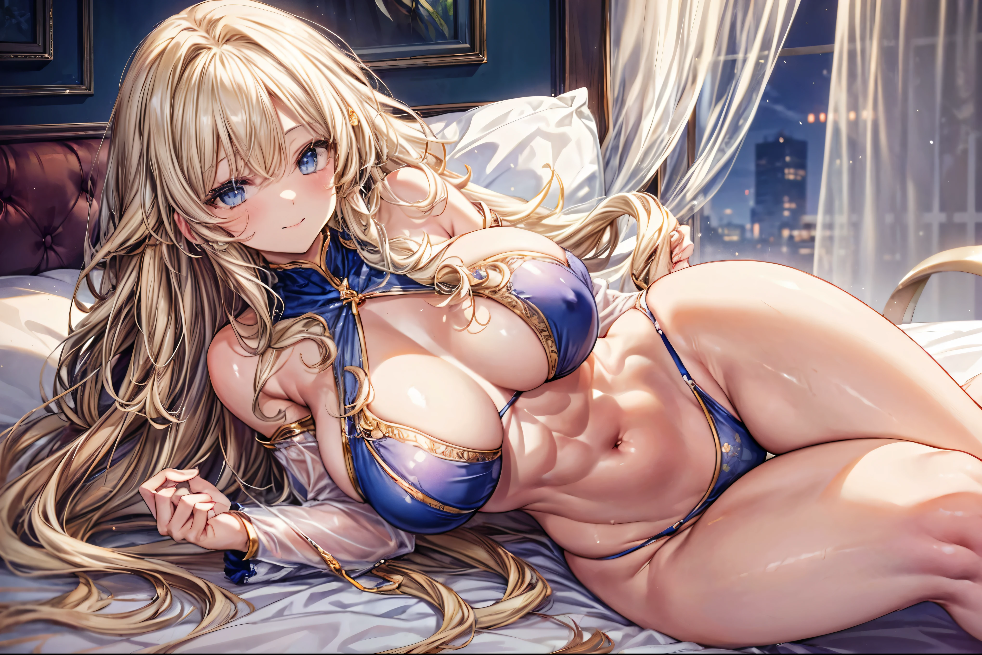 sensual, ((long blonde curly hair)), thick thighs, 8k, 4k, highest quality, High resolution:1.2), cute anime face, noise reduction, ((shining blue eyes, gentle smile, kind eyes))、toned abdominal muscles, muscular arms, muscular legs,  young face, anime eyes, (((big breasts、A chest that is about to burst)))、(((whole body)))、Wearing a loincloth、please lie down on the bed