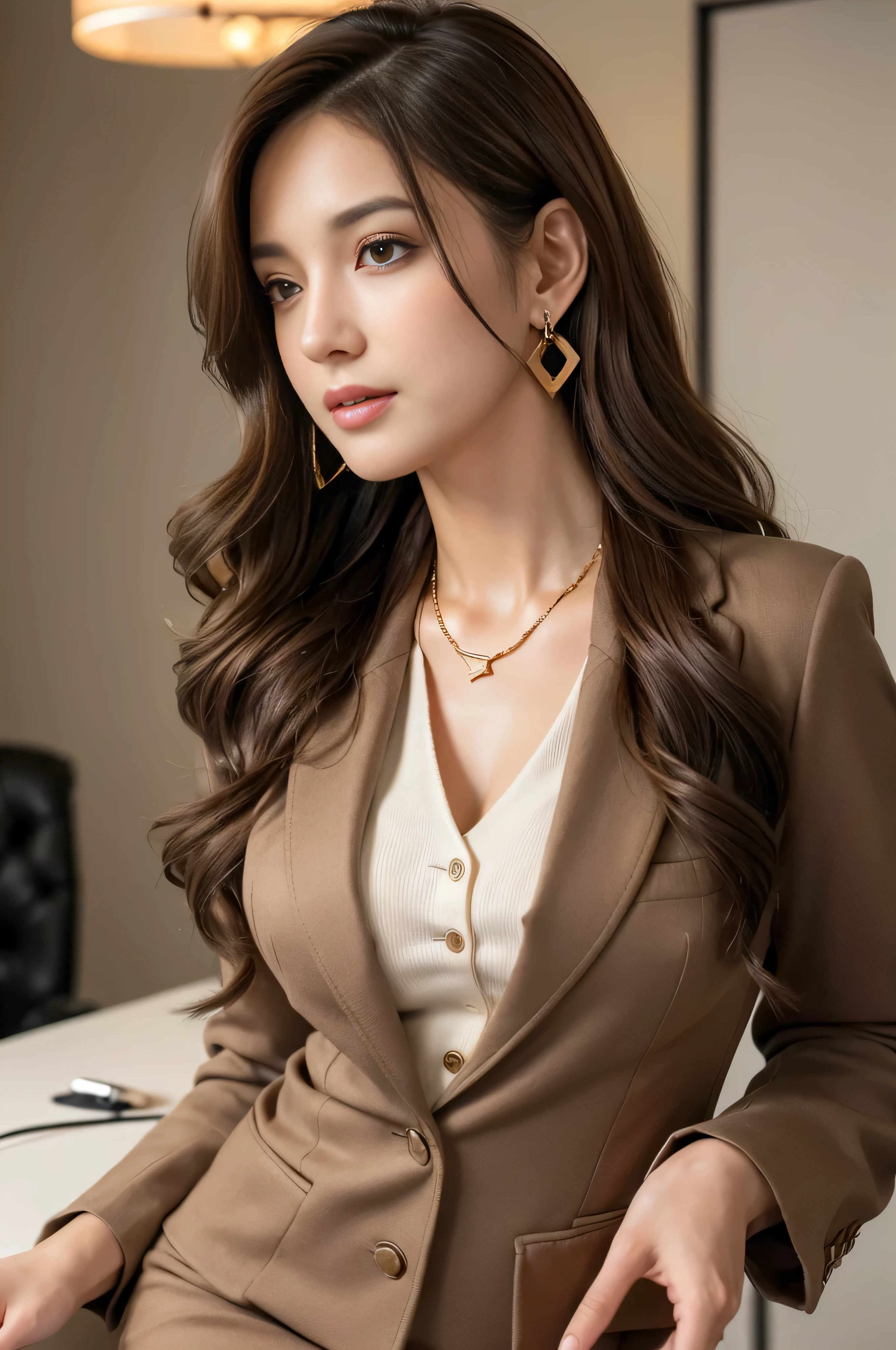 muste piece、highest quality、photorealistic、Super detailed、fine details、High resolution、8K wallpaper、one beautiful woman、、light brown messy hair、wearing a business suit、sharp focus、perfect dynamic composition、beautiful detailed eyes、detailed hair、Detailed realistic skin texture、smile、close up portrait、model body shape、((Super long brown hair:1.2))、((Hair with loose waves inside:1.2)),((gold necklace_Large earrings:1.2)),in a business suits,(Women's Suits:1.3)、(blazer jacket:1.4),(pencil skirts:1.4,jaqueta de couro:1.3)、(tailored_Blazer_dress:1.5),(pointed_mule:1.4),(Wear an open