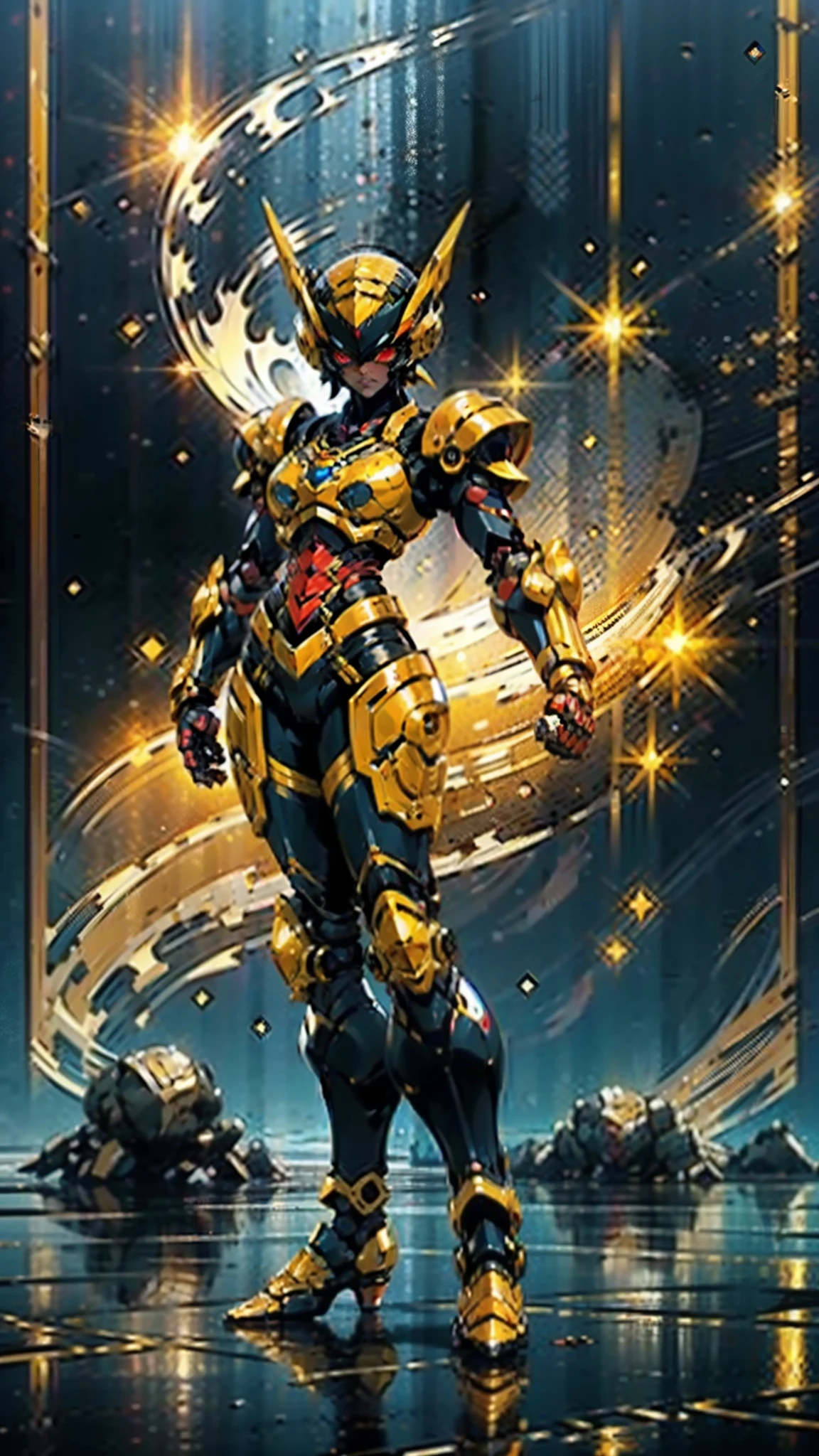 A woman adorned in fantasy-style full-body armor, a crown-concept fully enclosed helmet that unveils only her eyes, a composite layered chest plate, fully encompassing shoulder and hand guards, a lightweight waist armor, form-fitting shin guards, the overall design is heavy-duty yet flexible, ((the armor gleams with a golden glow, complemented by red and blue accents)), exhibiting a noble aura, she floats above a fantasy-surreal high-tech city, this character embodies a finely crafted fantasy-surreal style armored hero in anime style, exquisite and mature manga art style, (Queen bee mixed with Spider concept Armor, plasma, blood), ((Element, energy, elegant, goddess, femminine:1.5)), metallic, high definition, best quality, highres, ultra-detailed, ultra-fine painting, extremely delicate, professional, anatomically correct, symmetrical face, extremely detailed eyes and face, high quality eyes, creativity, RAW photo, UHD, 32k, Natural light, cinematic lighting, masterpiece-anatomy-perfect, masterpiece:1.5