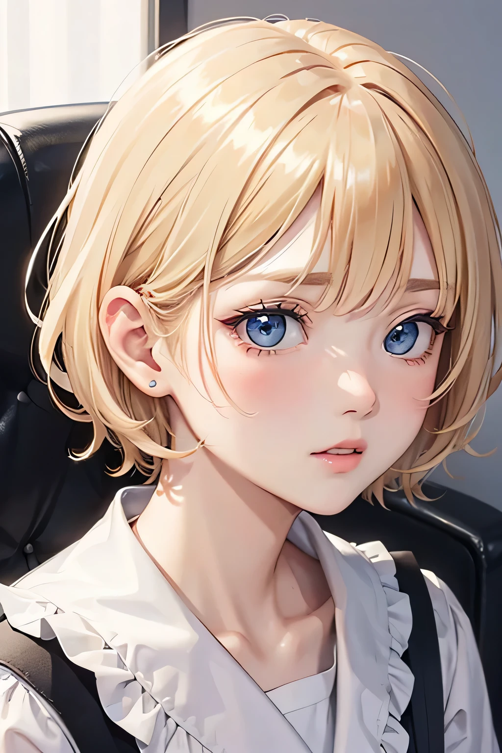blonde、short hair、girl1、close up of face、puff out your cheeks