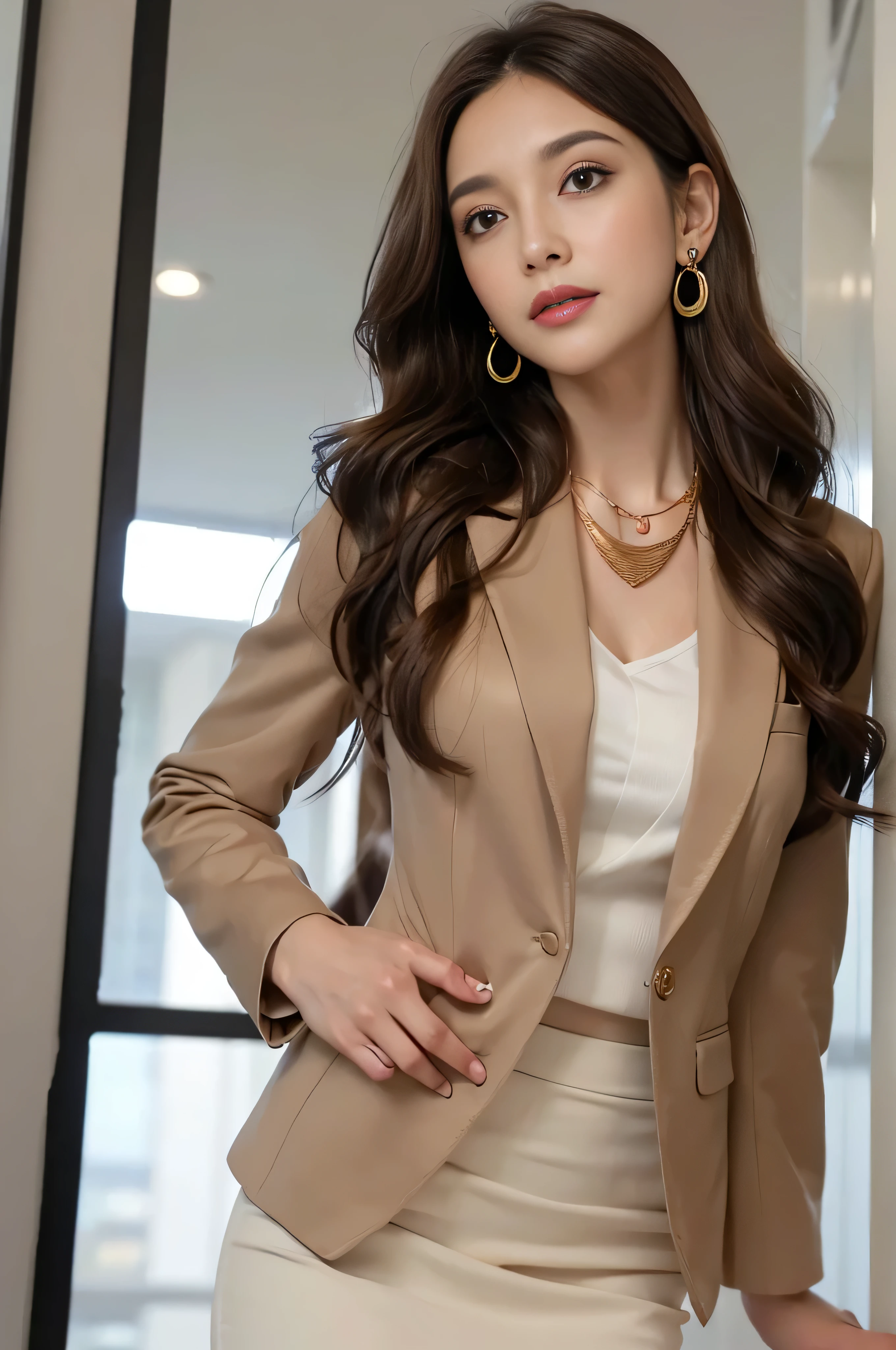 muste piece、highest quality、photorealistic、Super detailed、fine details、High resolution、8K wallpaper、one beautiful woman、、light brown messy hair、wearing a business suit、sharp focus、perfect dynamic composition、beautiful detailed eyes、detailed hair、Detailed realistic skin texture、smile、close up portrait、model body shape、((Super long brown hair:1.2))、((Hair with loose waves inside:1.2)),((gold necklace_Large earrings:1.2)),in a business suit,(Women's Suits:1.3)、(blazer jacket:1.4),(pencil skirts:1.4,jaqueta de couro:1.3)