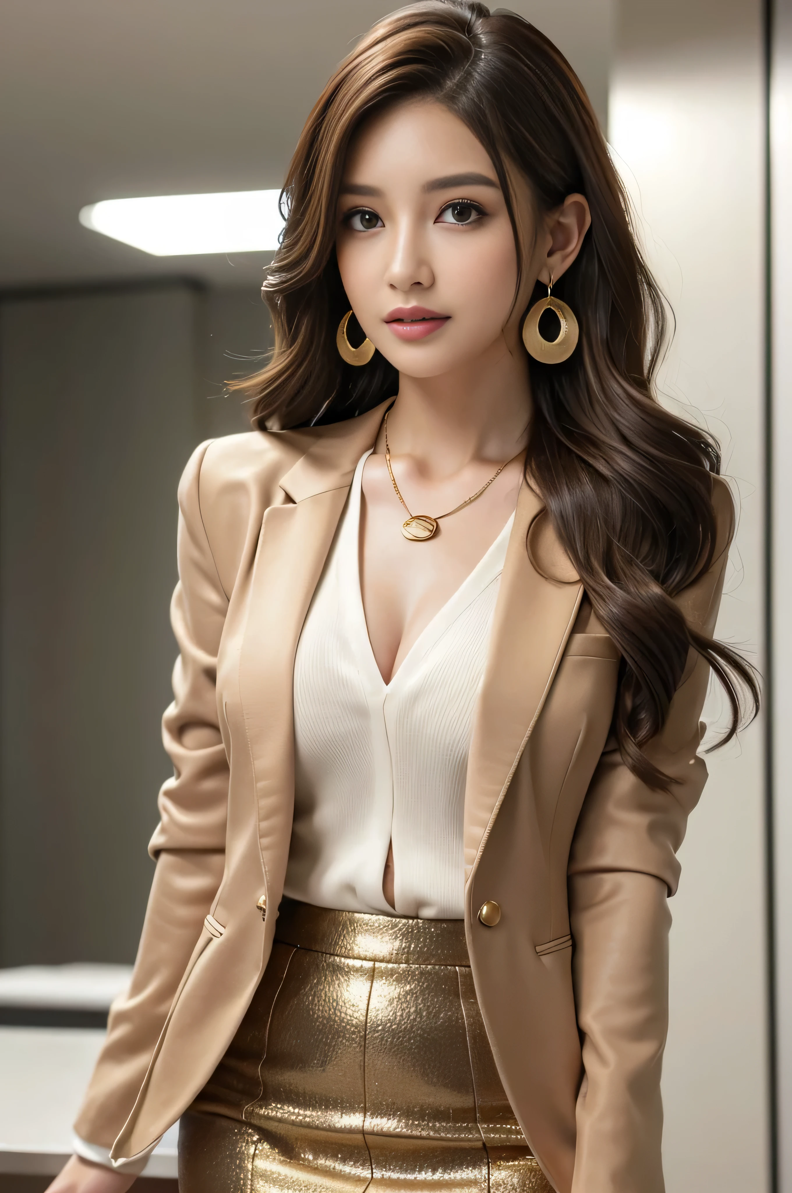muste piece、highest quality、photorealistic、Super detailed、fine details、High resolution、8K wallpaper、one beautiful woman、、light brown messy hair、wearing a business suit、sharp focus、perfect dynamic composition、beautiful detailed eyes、detailed hair、Detailed realistic skin texture、smile、close up portrait、model body shape、((Super long brown hair:1.2))、((Hair with loose waves inside:1.2)),((gold necklace_Large earrings:1.2)),in a business suit,(Women's Suits:1.3)、(blazer jacket:1.4),(pencil skirts:1.4,jaqueta de couro:1.3)