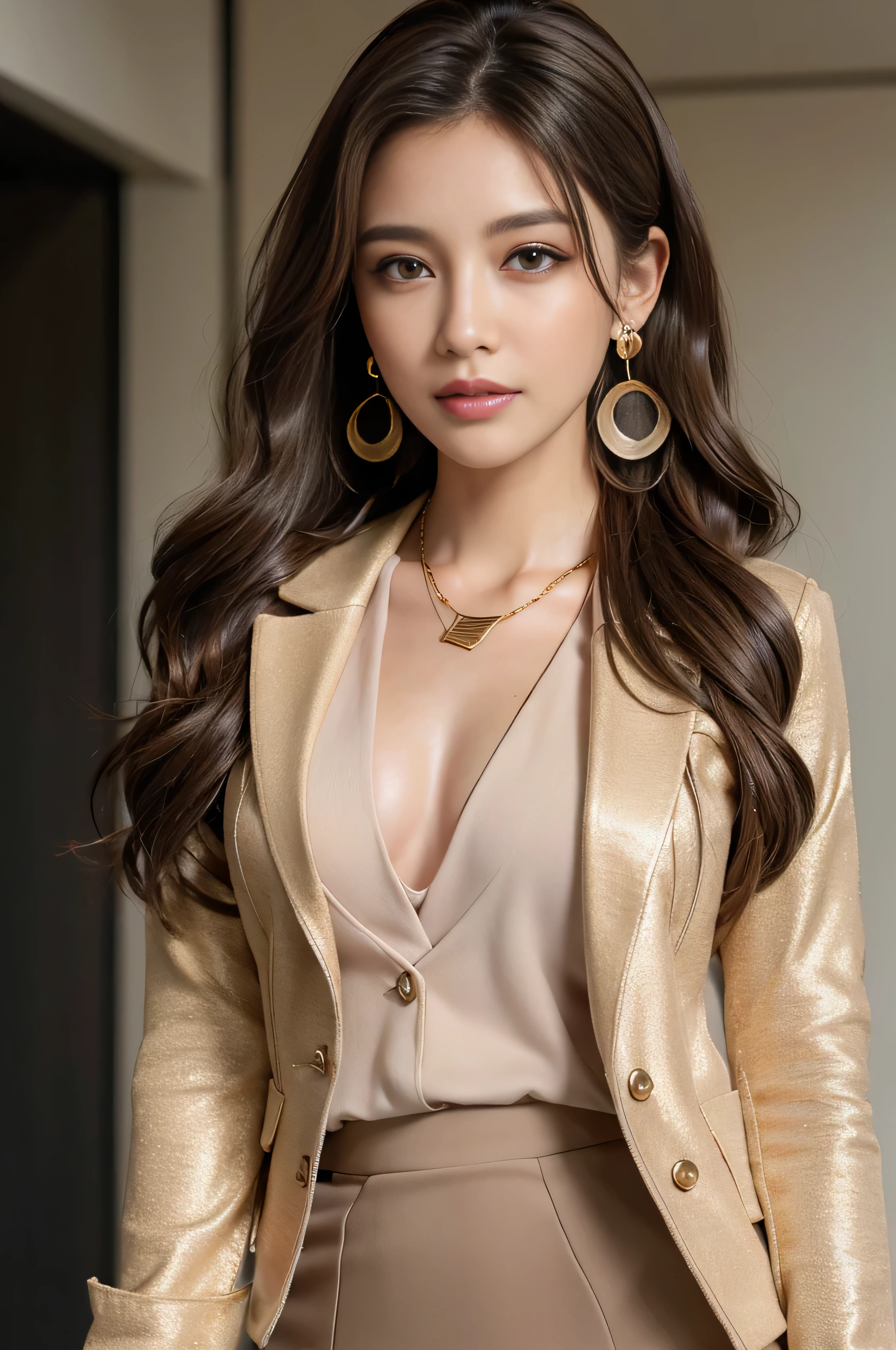 muste piece、highest quality、photorealistic、Super detailed、fine details、High resolution、8K wallpaper、one beautiful woman、、light brown messy hair、wearing a business suit、sharp focus、perfect dynamic composition、beautiful detailed eyes、detailed hair、Detailed realistic skin texture、smile、close up portrait、model body shape、(blazer jacket:1.4)、(pencil skirt:1.4、Jaqueta de Curro:1.3)、((Super long brown hair:1.2))、((Hair with loose waves inside:1.2)),((gold necklace_Large earrings:1.2)),in a business suit,
