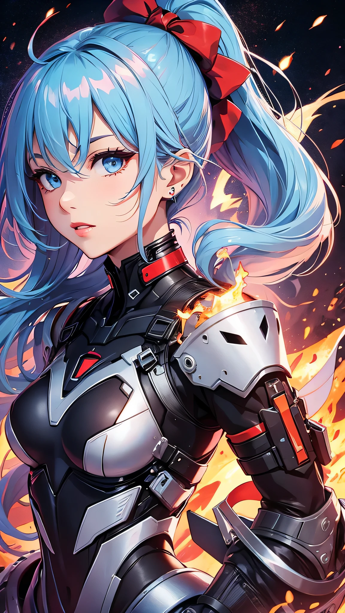 最high quality、best image quality、masterpiece、girl((20-year-old、 By becoming、vest bust、medium bust,wide open breast tea、shining eyes, light blue hair、long hair、thin,highest valley、ponytail、robot body、Machine body、red lipstick、half-backed posture、floating state)),high quality、beautiful art、background((spark、up in flames、red lighting))、Flight、debris flies、Depth of written boundary、movie、visual art、perfect art、8k,genuine、