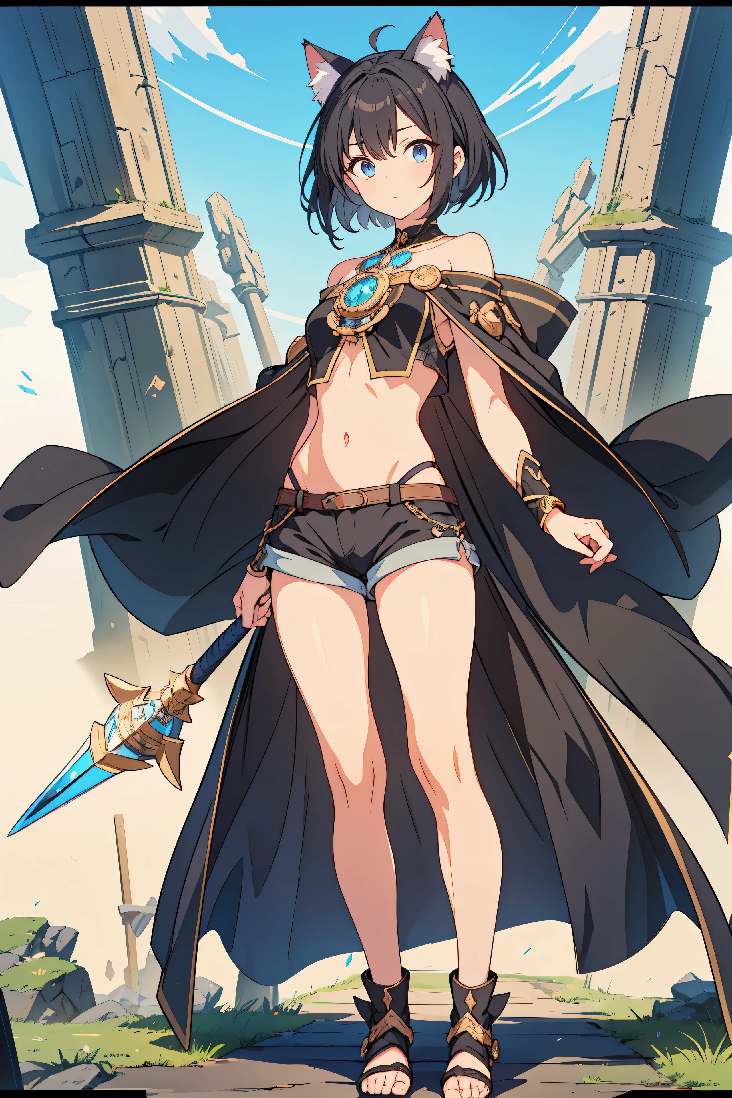 absurdres, RAW photo, extremely delicate and beautiful, masterpiece, Best Quality, ultra high resolution, 32k, hyperrealistic, ultra-detailed, perfect anatomy, super Detailed skin, perfect figure, in her 20s, very Slim body, narrow waist, very small head, very small face, delicate facial features, tearful mole, earring, medium breasts, full body shot, medium hair, black hair, pirate captain, intricate pirate clothing,
