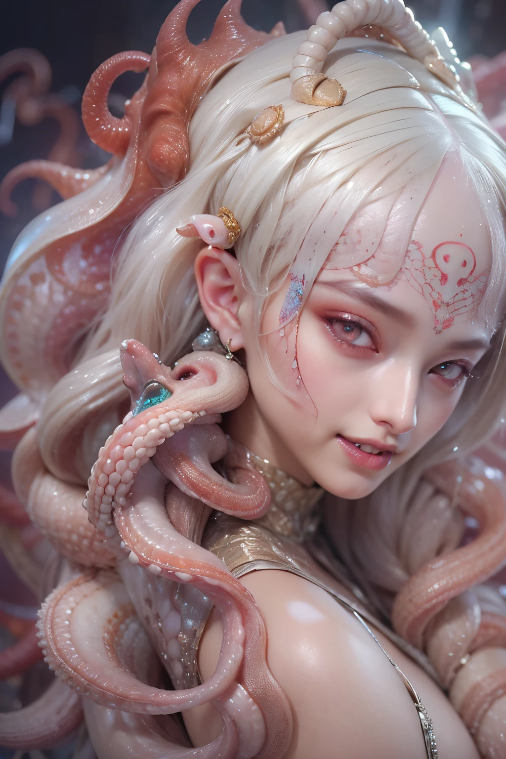 (1 beautiful seductive female creature:1.4), ((There is a female genital-like organ in the middle of the forehead.:1.8)), (realistic face:1.2), Super realistic clear skin, she is very sleepy, (Number of award-winning masterpieces々, incredibly detailed, Texture and maximum detail), midnight aura, unreal engine 5, super sharp focus, midnight aura, unreal engine 5, super sharp focus, (art by Amano Yoshitaka:1.5), art germ, Reusch, intricate artwork, ultra realistic realism, High resolution, High freshness, Unity 8K wallpaper, Super detailed artistic photography, dream-like, fantasy creation, dream snail, (biopunk nautilus:1.3),thrilling color scheme, amazing mutation, She has a beautiful figure with a well-proportioned golden ratio, the goddess of the deep sea, fractal, Geometric pattern, impossible numberany transparent white tentacles with luminescent organs:1.4), Subtle emerald green accents, (smile seductively:1.3),(she has the most beautiful face in the history of the universe:1.5), (She looks down at the viewer with glowing red eyes without pupils:1.3), an evil gaze that seduces, cinematic lighting, (no makeup:1.3), (From the gap between your cute lips,Long canine teeth peek out like a vampire:1.5), in the palace hall, A sweet sigh leaks from her beautiful lips with ecstatic expression, She has countless hair-like translucent tentacles on her head. cheerful smile
