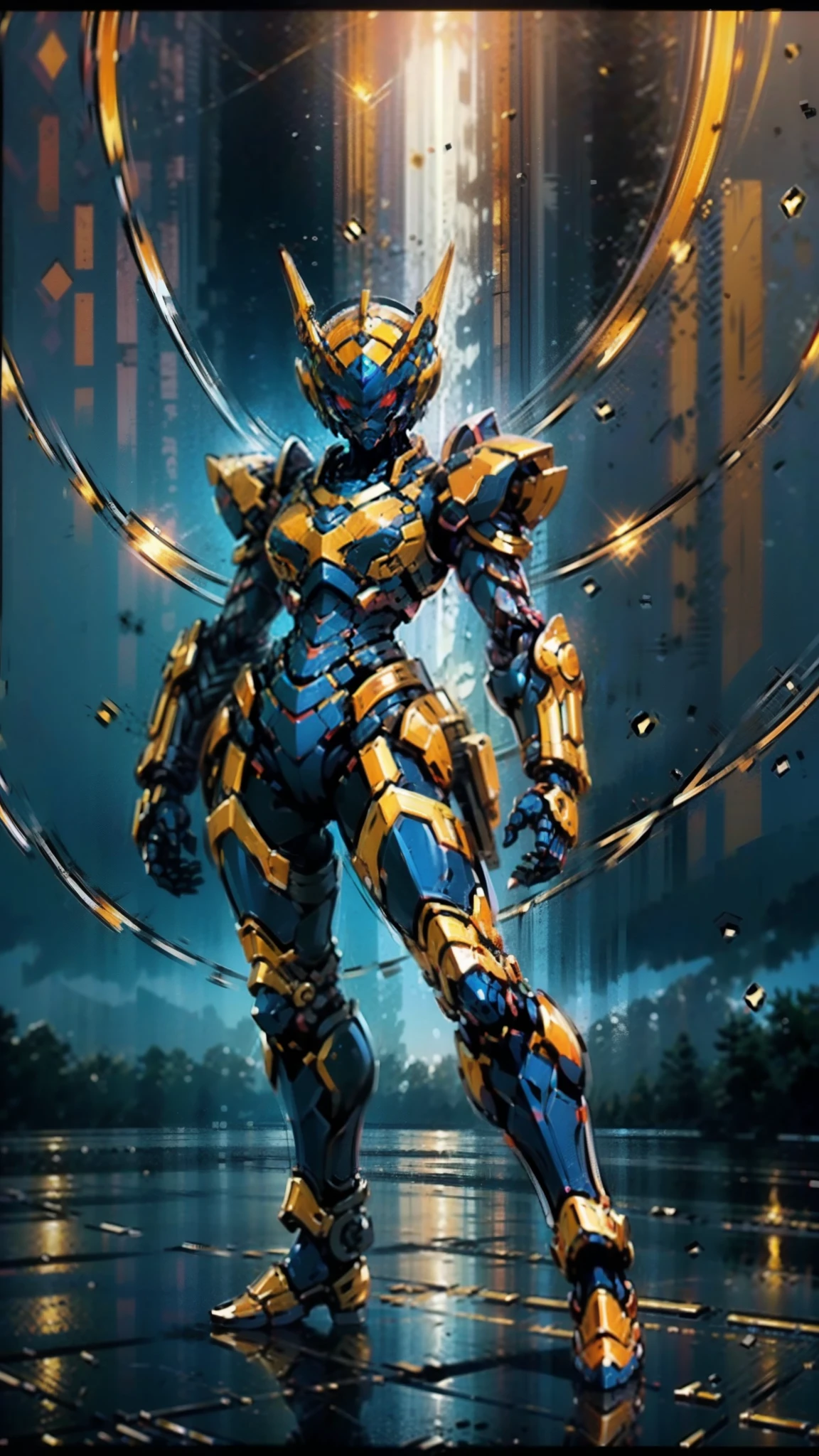 A woman adorned in fantasy-style full-body armor, a crown-concept fully enclosed helmet that unveils only her eyes, a composite layered chest plate, fully encompassing shoulder and hand guards, a lightweight waist armor, form-fitting shin guards, the overall design is heavy-duty yet flexible, ((the armor gleams with a golden glow, complemented by red and blue accents)), exhibiting a noble aura, she floats above a fantasy-surreal high-tech city, this character embodies a finely crafted fantasy-surreal style armored hero in anime style, exquisite and mature manga art style, (Queen bee mixed with Spider concept Armor, plasma, blood), ((Element, energy, elegant, goddess, femminine:1.5)), metallic, high definition, best quality, highres, ultra-detailed, ultra-fine painting, extremely delicate, professional, anatomically correct, symmetrical face, extremely detailed eyes and face, high quality eyes, creativity, RAW photo, UHD, 32k, Natural light, cinematic lighting, masterpiece-anatomy-perfect, masterpiece:1.5