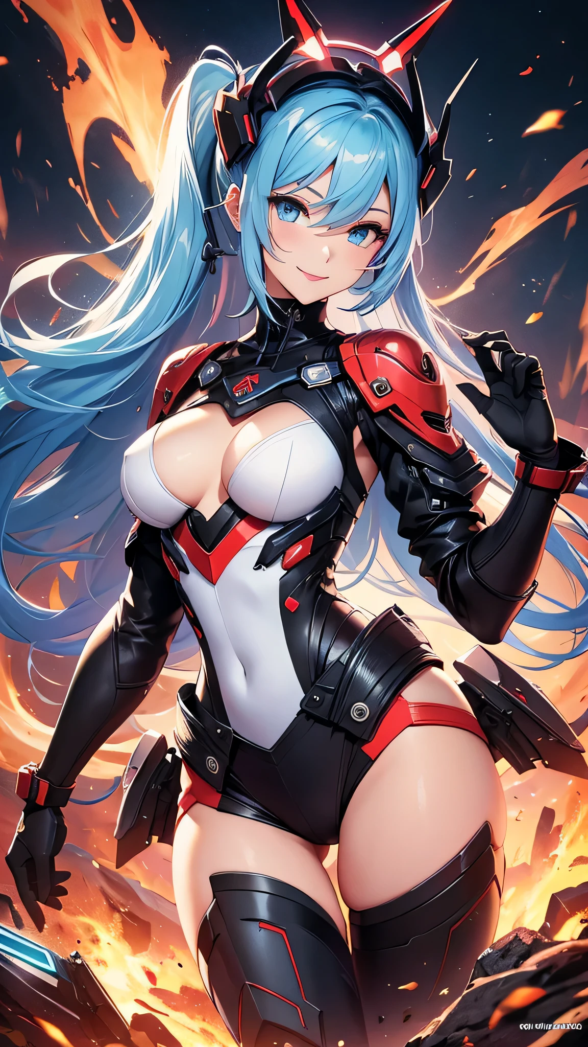 最high quality、best image quality、masterpiece、girl((20-year-old、 By becoming、vest bust、medium bust,wide open breast tea、shining eyes, light blue hair、long hair、thin,highest valley、ponytail、robot body、Machine body、red lipstick、half-backed posture、floating state、mechanical sword、sharp mechanical wings、shiny boots、smile)),high quality、beautiful art、background((spark、up in flames、red lighting))、Flight、debris flies、Depth of written boundary、movie、visual art、perfect art、8k,genuine、