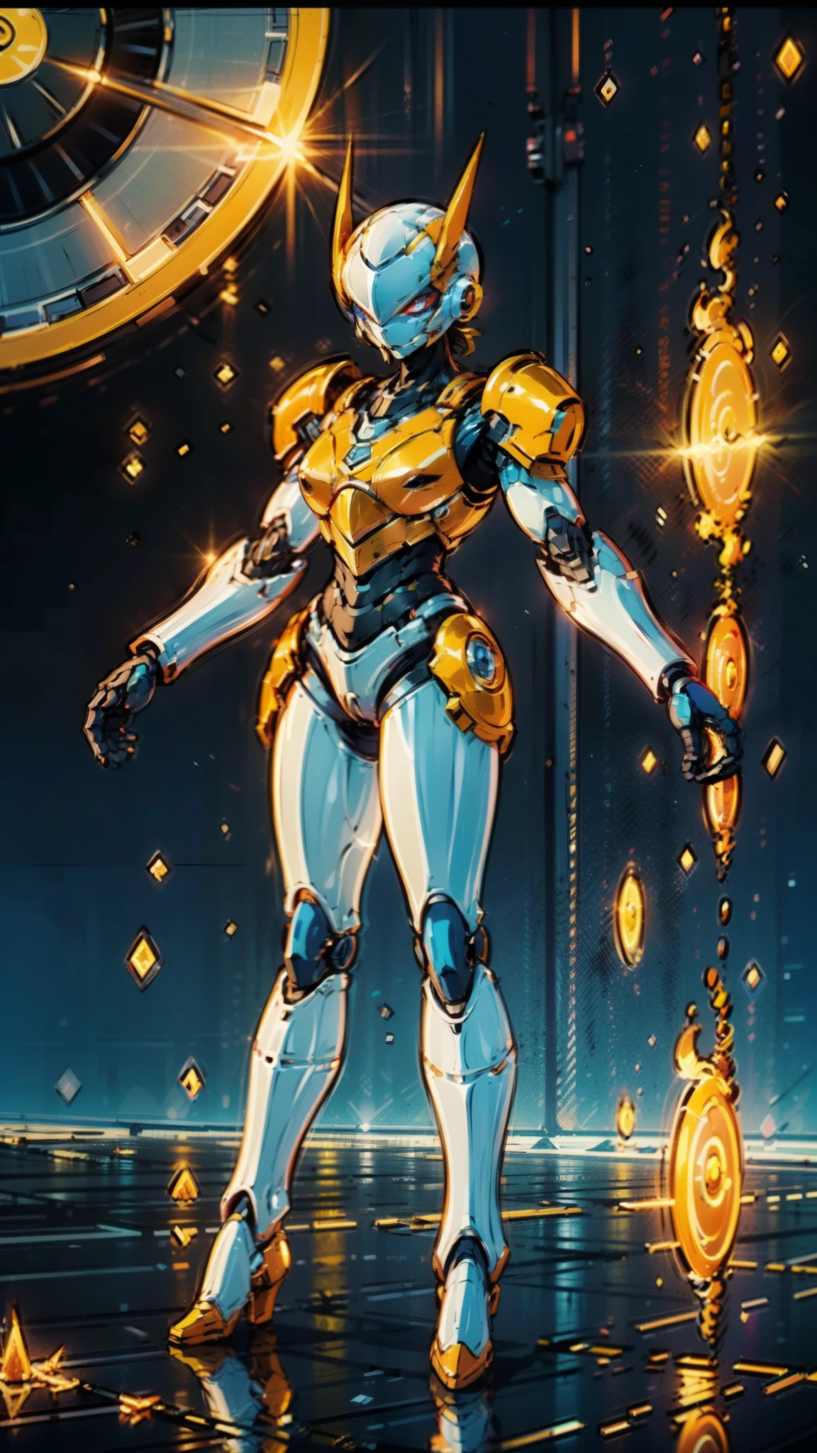 A woman adorned in fantasy-style full-body armor, a crown-concept fully enclosed helmet that unveils only her eyes, a composite layered chest plate, fully encompassing shoulder and hand guards, a lightweight waist armor, form-fitting shin guards, the overall design is heavy-duty yet flexible, ((the armor gleams with a golden glow, complemented by red and blue accents)), exhibiting a noble aura, she floats above a fantasy-surreal high-tech city, this character embodies a finely crafted fantasy-surreal style armored hero in anime style, exquisite and mature manga art style, (Queen bee mixed with Spider concept Armor, plasma, blood), ((Element, energy, elegant, goddess, femminine:1.5)), metallic, high definition, best quality, highres, ultra-detailed, ultra-fine painting, extremely delicate, professional, anatomically correct, symmetrical face, extremely detailed eyes and face, high quality eyes, creativity, RAW photo, UHD, 32k, Natural light, cinematic lighting, masterpiece-anatomy-perfect, masterpiece:1.5