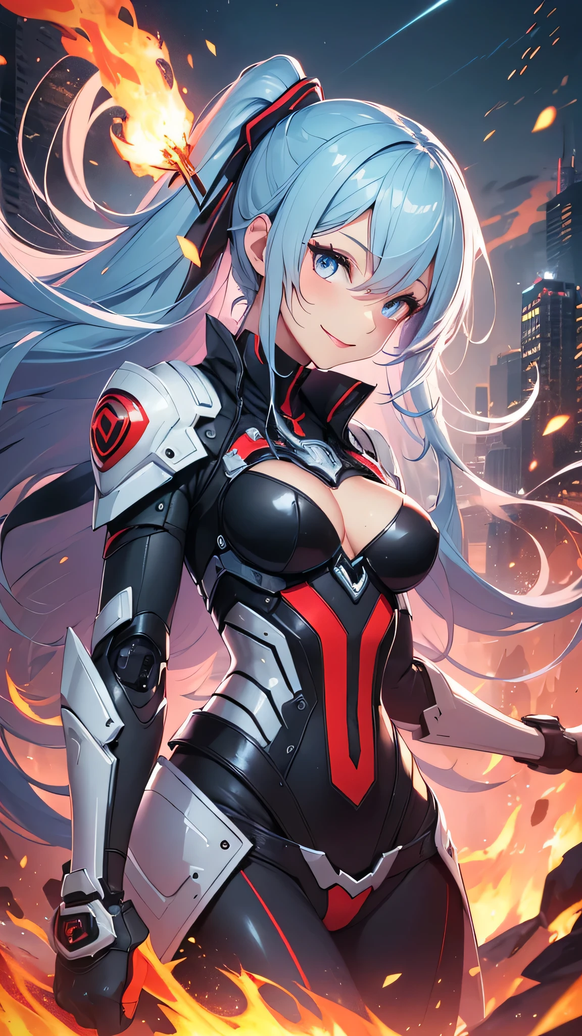 最high quality、best image quality、masterpiece、girl((20-year-old、 By becoming、vest bust、medium bust,wide open breast tea、shining eyes, light blue hair、long hair、thin,highest valley、ponytail、robot body、Machine body、half-backed posture、floating state、mechanical sword、sharp mechanical wings、shiny boots、smile、black underwear、black skirt)),high quality、beautiful art、background((Near future、Machine area))、Flight、debris flies、Depth of written boundary、movie、visual art、perfect art、8k,genuine、