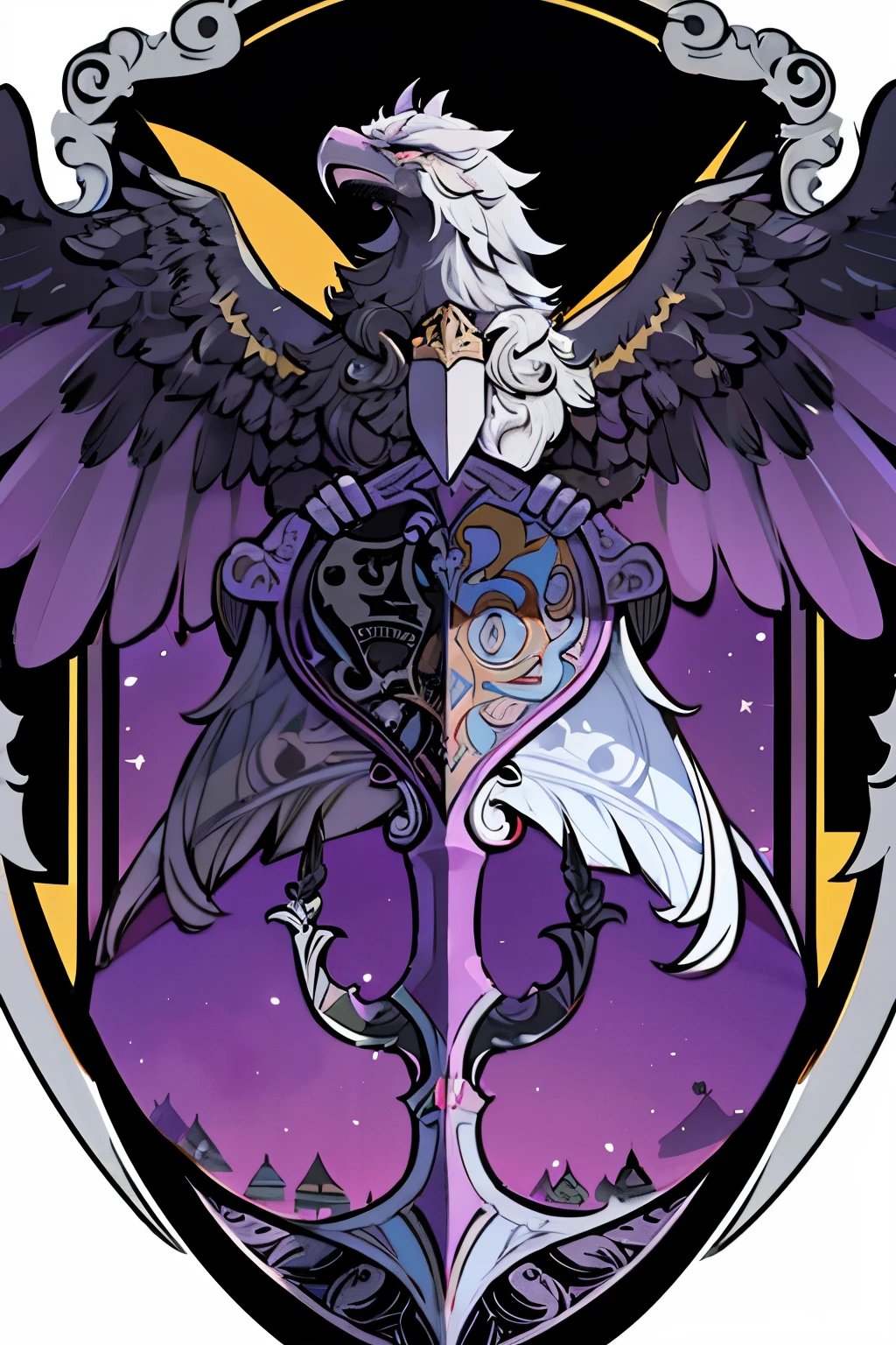 ( coat of arms design) griffin in the center of the shield, a black and purple shield with a stylized design on it, shield design, fantasy shield, purple and black armor, balck and purple coat of arms, shield emblem, royal coat of arms, sword, griffin symbol, wings, coat of arms