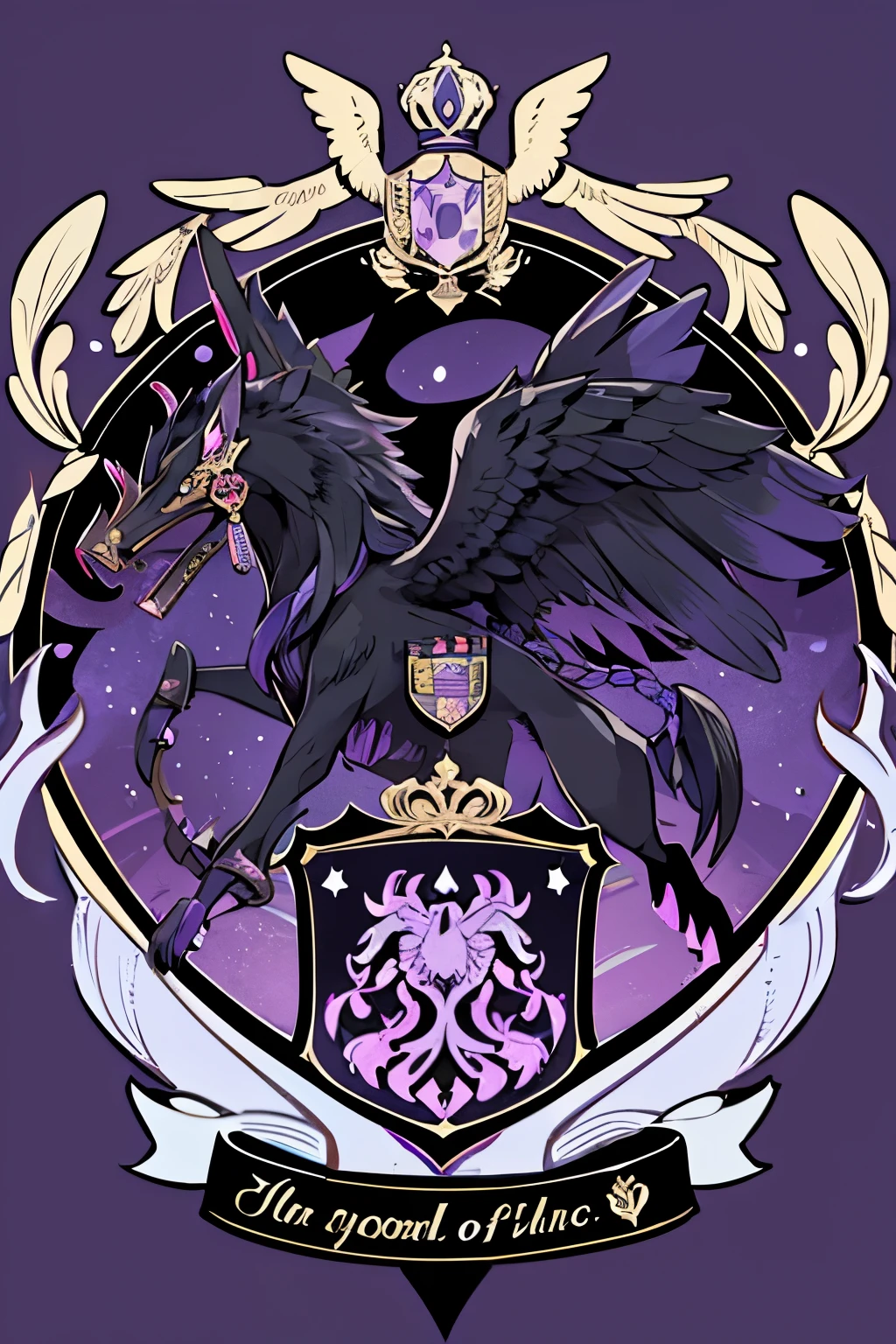 ( coat of arms design) griffin in the center of the shield, a black and purple shield with a stylized design on it, shield design, fantasy shield, purple and black armor, balck and purple coat of arms, shield emblem, royal coat of arms, sword, griffin symbol, wings, coat of arms