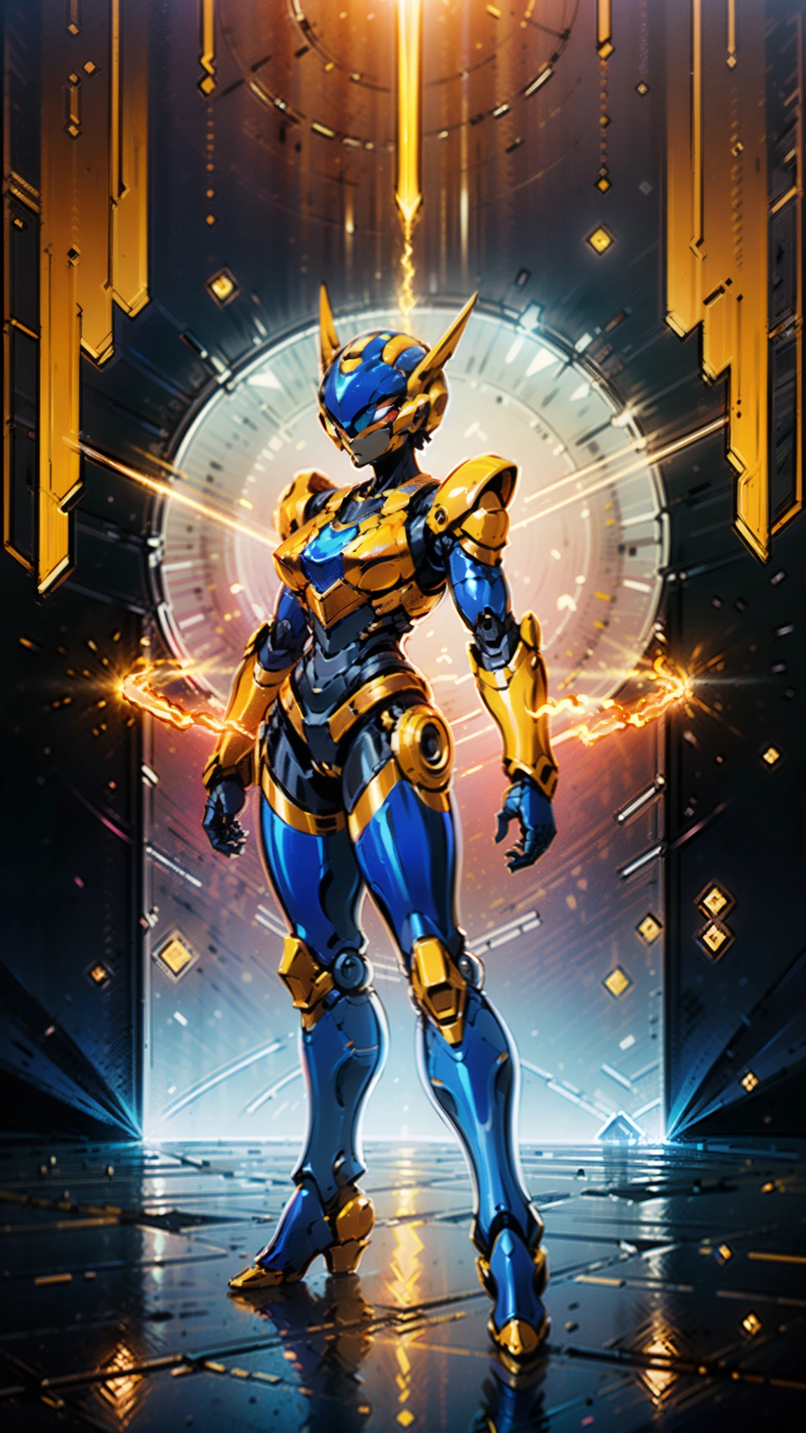 A woman adorned in fantasy-style full-body armor, a crown-concept fully enclosed helmet that unveils only her eyes, a composite layered chest plate, fully encompassing shoulder and hand guards, a lightweight waist armor, form-fitting shin guards, the overall design is heavy-duty yet flexible, ((the armor gleams with a golden glow, complemented by red and blue accents)), exhibiting a noble aura, she floats above a fantasy-surreal high-tech city, this character embodies a finely crafted fantasy-surreal style armored hero in anime style, exquisite and mature manga art style, (Queen bee mixed with Spider concept Armor, plasma, blood), ((Element, energy, elegant, goddess, femminine:1.5)), metallic, high definition, best quality, highres, ultra-detailed, ultra-fine painting, extremely delicate, professional, anatomically correct, symmetrical face, extremely detailed eyes and face, high quality eyes, creativity, RAW photo, UHD, 32k, Natural light, cinematic lighting, masterpiece-anatomy-perfect, masterpiece:1.5