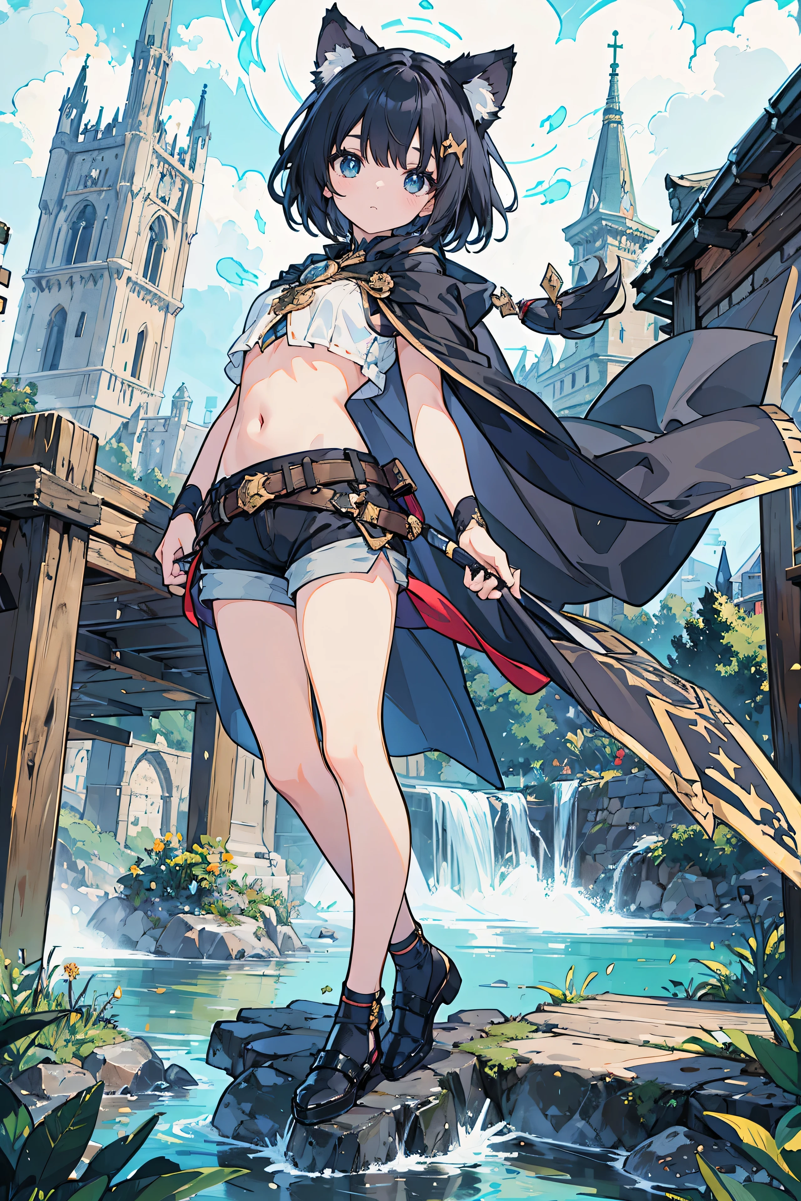 there is a woman in a bikini standing on a cliff, glamorous tifa lockheart, final fantasy 14 style, alluring mesmer woman, pirate setting, full body shot close up, ( castle in the background ), dancer class, lacivious pose, tranding on pxiv, in front of a fantasy city, spellcasting pose, close full body shot