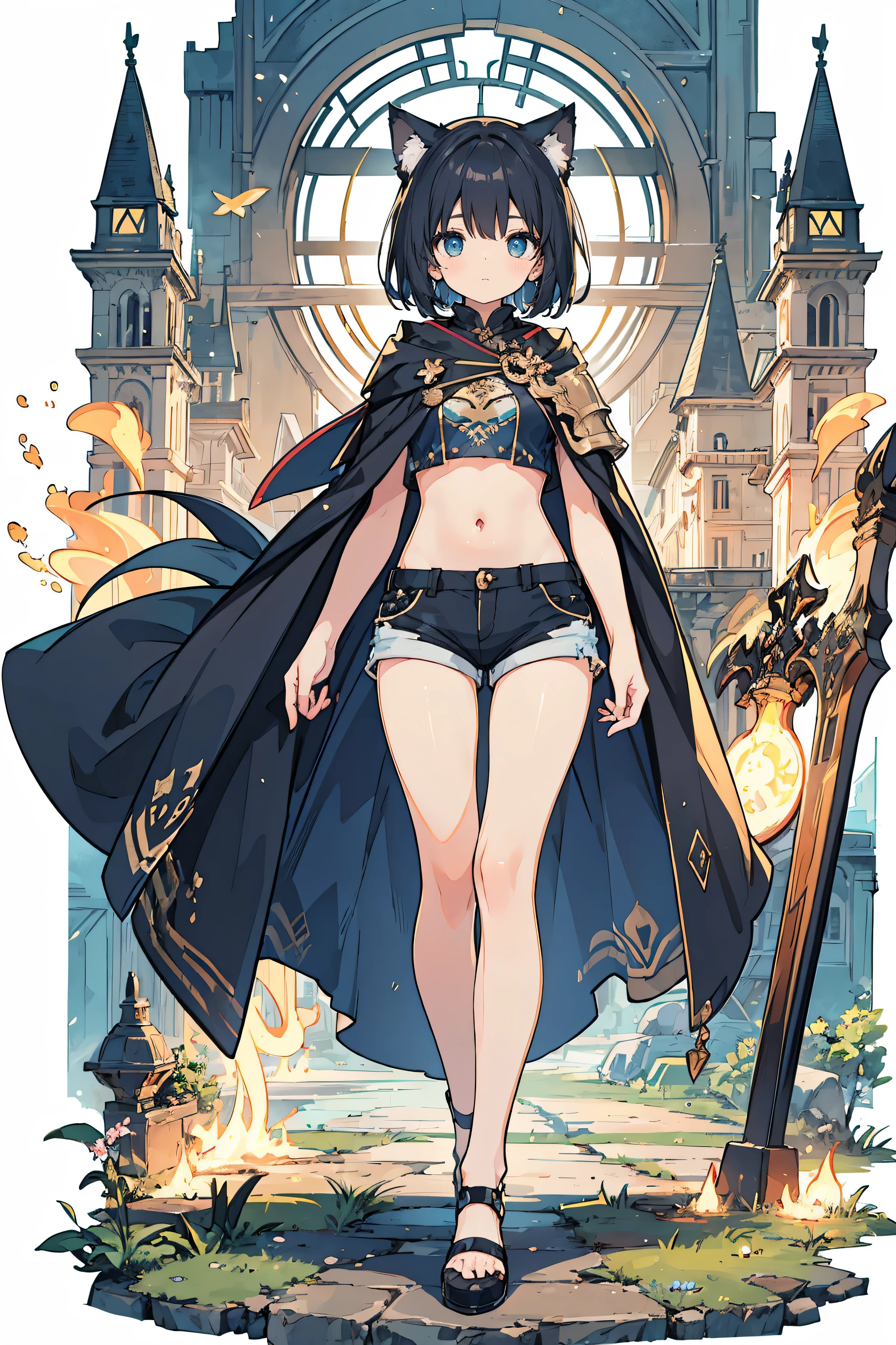 alone,absurd solution、High resolution、confront the viewing angle,(masterpiece:1.4)、Super detailed、(finger details),(一人のgirl)、美しい詳細なgirl、detailed face、transparent and beautiful, With the character as the main point of view, glowing skin, girl, woman, young, (black costume),((Cat ear))、(black hair)、(black hairの),(Habitual hair、shortcut)、(short hair),black eye,cute、beautiful face、beautiful eyes,fantasy costume,original character,((wearing armor))、(robe),(cloak),((Medieval European costumes)),,(big breasts:0.7), (crop top:1.5), (Holter shoulder:1.3),(shorts:1.3), (barefoot:1.1),(cape:1.3),(confront:1.2),(whole bodyポートレート),(Are standing:1.3),(put on shoes:1.5),tachi-e, whole body, white background,