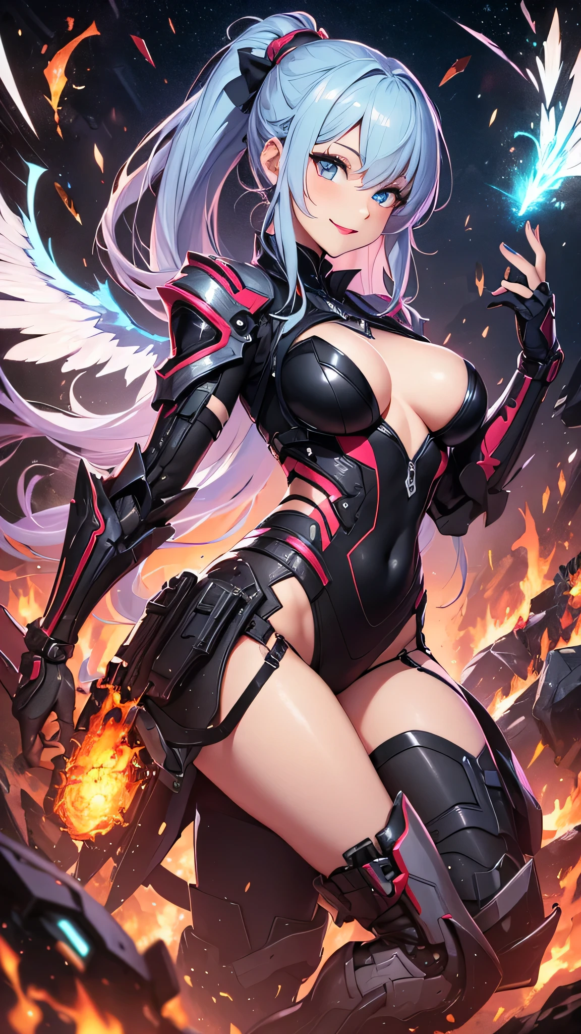 最high quality、best image quality、masterpiece、girl((20-year-old、 By becoming、vest bust、medium bust,wide open breast tea、shining eyes, light blue hair、long hair、thin,highest valley、ponytail、robot body、Machine body、red lipstick、half-backed posture、floating state、mechanical sword、sharp mechanical wings、shiny boots、smile)),high quality、beautiful art、background((spark、up in flames、red lighting、meteor))、Flight、debris flies、Depth of written boundary、movie、visual art、perfect art、8k,genuine、