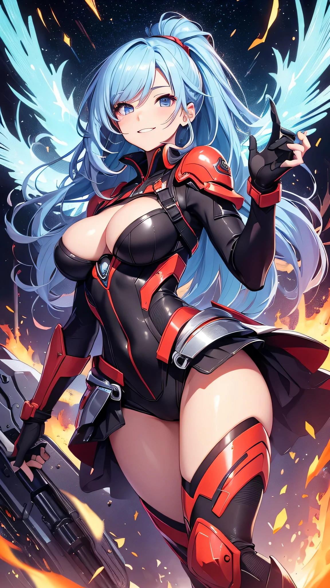 最high quality、best image quality、masterpiece、girl((20-year-old、 By becoming、vest bust、medium bust,wide open breast tea、shining eyes, light blue hair、long hair、thin,highest valley、ponytail、robot body、Machine body、red lipstick、half-backed posture、floating state、mechanical sword、sharp mechanical wings、shiny boots、smile)),high quality、beautiful art、background((spark、up in flames、red lighting、meteor))、Flight、debris flies、Depth of written boundary、movie、visual art、perfect art、8k,genuine、