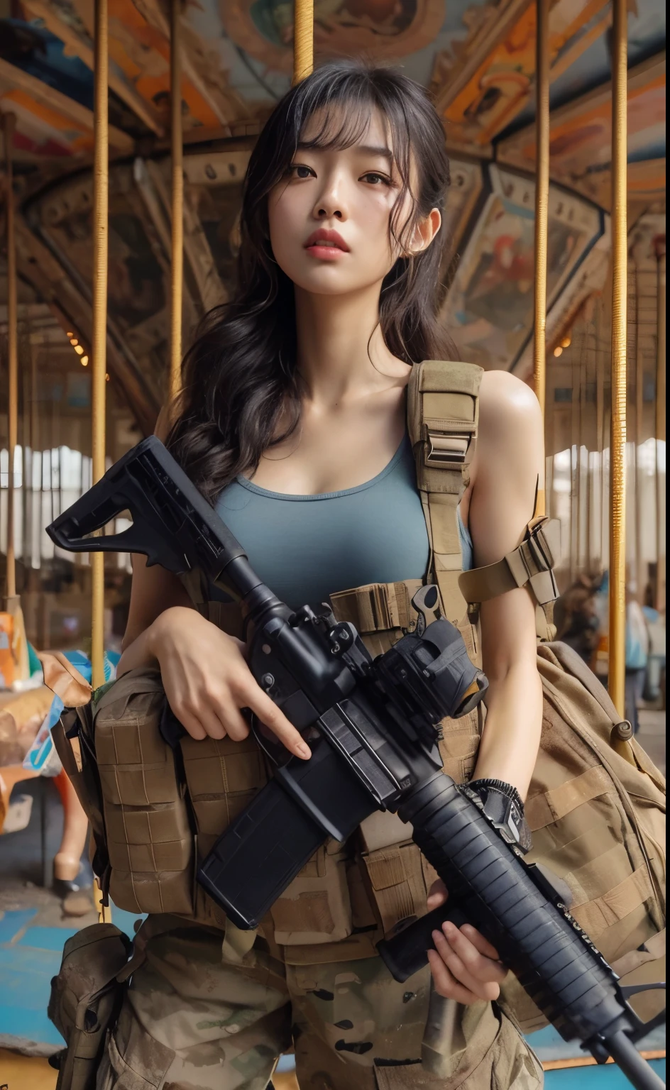Japanese women in the US military、Holding an automatic rifle and looking nervous、bulletproof vest、Backpack、A detailed depiction of Hulk holding an automatic rifle in a post-apocalyptic setting. The focus should be on the realistic skin texture of Hulk, capturing every nuanced detail. The scene should be gritty, with debris and impurities scattered around. The colors should be vibrant, contrasting against the desolate backdrop. The lighting should be intense, casting dramatic shadows and highlights on Hulk and the surrounding environment. The image should be of the best quality, with high resolution and a photorealistic rendering.