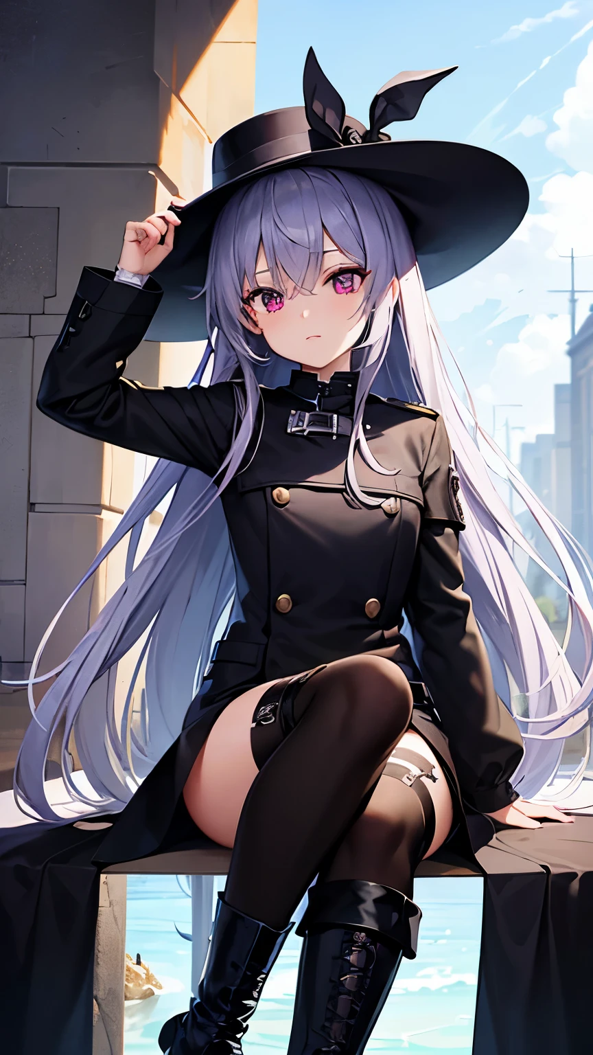 (masterpiece), (highest quality), Super detailed, perfect face, 1 female、uniform、blackのコート leather、long gray hair、red eye、purple eye shadow、High leg、have a sword、boots black、Perspective looking up from below、black silk hat、thigh high socks