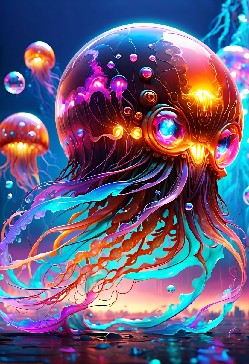 (Cute alien jellyfish on futuristic background combines sci-fi style with modern design)，风格为color纹理、(radiation clusters)、Lowell Herero、Transparent color、Rebecca Louise Law、color、Come to technology,thunder and lightning,Epic scenes,Photorealism,cyberpunk,bubble goth,Vision,8K
