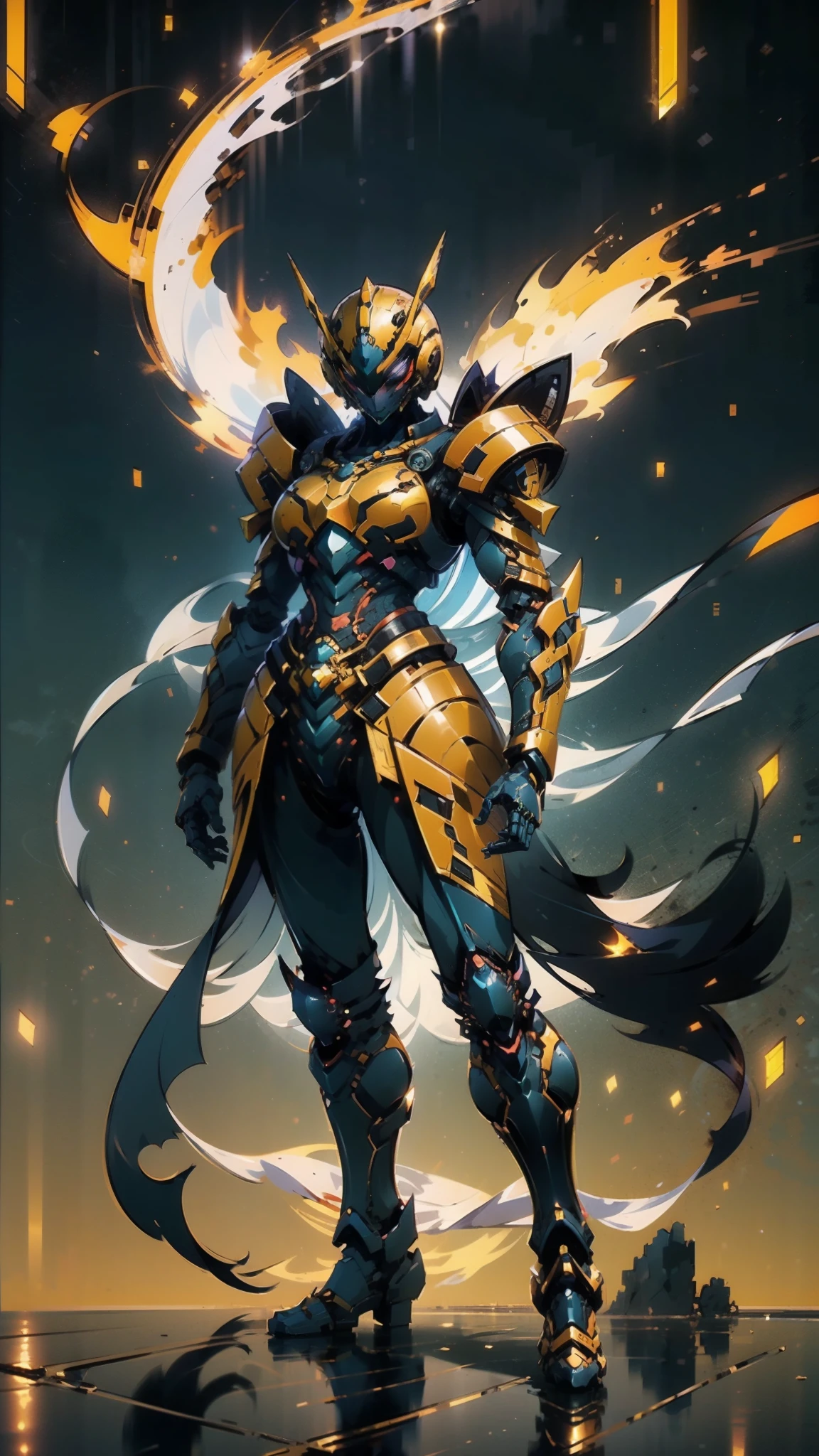 A woman adorned in fantasy-style full-body armor, a crown-concept fully enclosed helmet that unveils only her eyes, a composite layered chest plate, fully encompassing shoulder and hand guards, a lightweight waist armor, form-fitting shin guards, the overall design is heavy-duty yet flexible, ((the armor gleams with a golden glow, complemented by red and blue accents)), exhibiting a noble aura, she floats above a fantasy-surreal high-tech city, this character embodies a finely crafted fantasy-surreal style armored hero in anime style, exquisite and mature manga art style, (Queen bee mixed with Spider concept Armor, plasma, blood), ((Element, energy, elegant, goddess, femminine:1.5)), metallic, high definition, best quality, highres, ultra-detailed, ultra-fine painting, extremely delicate, professional, anatomically correct, symmetrical face, extremely detailed eyes and face, high quality eyes, creativity, RAW photo, UHD, 32k, Natural light, cinematic lighting, masterpiece-anatomy-perfect, masterpiece:1.5