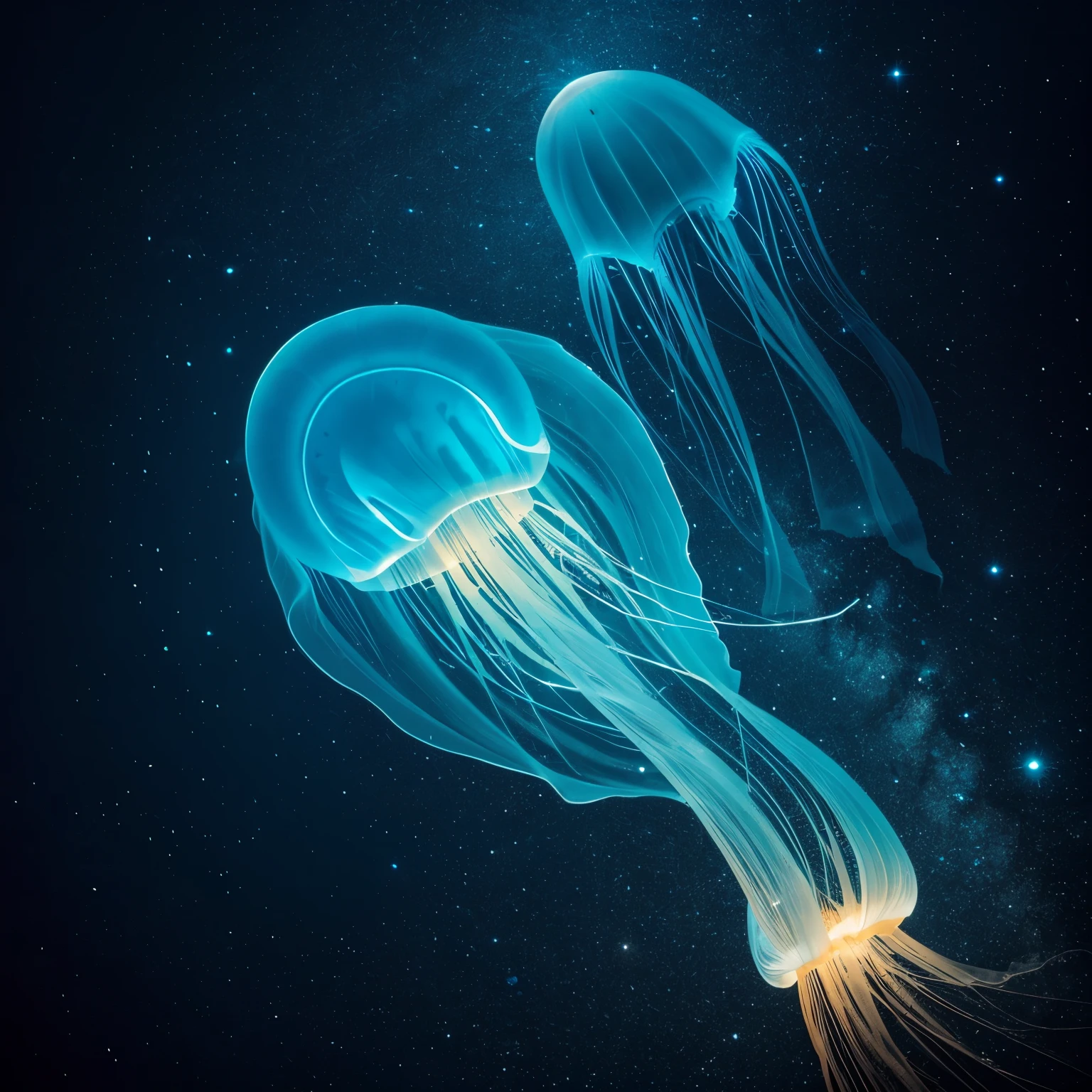 (jellyfish),(no human),animals,This captivating art piece is a vision of the deep blue cosmos, where colorful jellyfish float and glow against the dark backdrop of the night sky. Each jellyfish is a masterpiece of nature's geometry, its bioluminescent tentacles sparkling with an array of hues, reminiscent of a star-studded sky.The background is a deep, rich blue,  of the vast expanse of the universe, with its infinite secrets and mysteries. It is a canvas that draws the viewer into its velvety depths, making them feel as if they are floating in the infinite vastness of space.The jellyfish themselves are a marvel of nature. Their soft, gelatinous bodies undulate gracefully in the gentle currents of the sea, almost as if they are dancing in sync with the stars above. The play of light and shadow across their translucent forms gives them a ghostly quality, making them appear ethereal and unearthly.The artist's stroke is both delicate and bold, creating a sense of movement and life in each jellyfish. The tentacles, adorned with rainbow hues, seem to glow with an inner light, much like the stars in the night sky. The artist captures not just the physical beauty of the jellyfish but also their otherworldly essence, their ability to evoke a sense of wonder and curiosity in those who gaze upon them.In this piece, the artist successfully captures the essence of the jellyfish: their fragile beauty, their ethereal nature, and their place as denizens of the vast and mysterious ocean. It is a testament to the artist's skill that they are able to transform these often overlooked into figures of intrigue and fascination,completing the stable diffusion of serenity and contentment,masterpiece, best quality