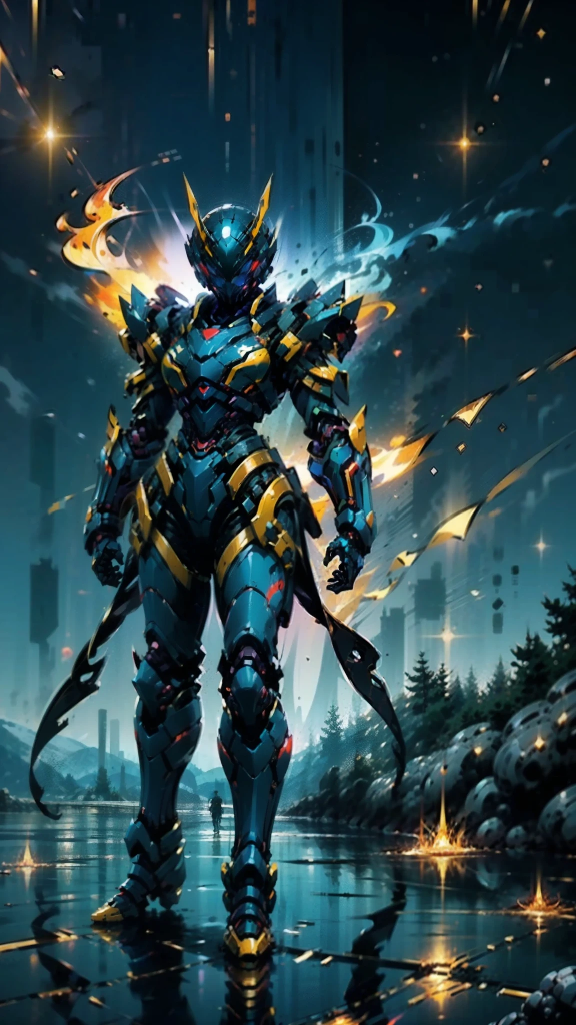 A woman adorned in fantasy-style full-body armor, a crown-concept fully enclosed helmet that unveils only her eyes, a composite layered chest plate, fully encompassing shoulder and hand guards, a lightweight waist armor, form-fitting shin guards, the overall design is heavy-duty yet flexible, ((the armor gleams with a golden glow, complemented by red and blue accents)), exhibiting a noble aura, she floats above a fantasy-surreal high-tech city, this character embodies a finely crafted fantasy-surreal style armored hero in anime style, exquisite and mature manga art style, (Queen bee mixed with Spider concept Armor, plasma, blood), ((Element, energy, elegant, goddess, femminine:1.5)), metallic, high definition, best quality, highres, ultra-detailed, ultra-fine painting, extremely delicate, professional, anatomically correct, symmetrical face, extremely detailed eyes and face, high quality eyes, creativity, RAW photo, UHD, 32k, Natural light, cinematic lighting, masterpiece-anatomy-perfect, masterpiece:1.5