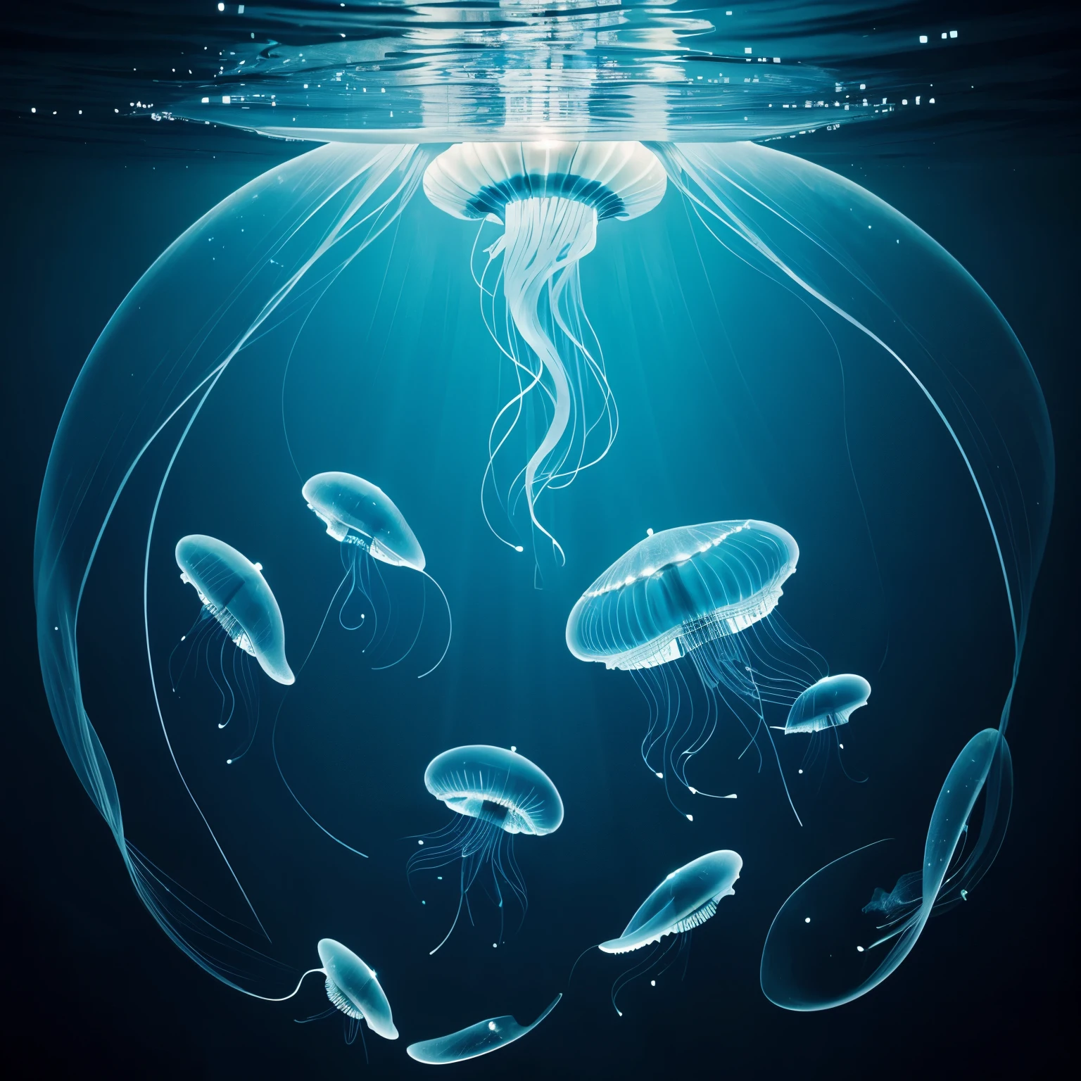 (jellyfish),(no human),animals,This captivating art piece is a vision of the deep blue cosmos, where colorful jellyfish float and glow against the dark backdrop of the night sky. Each jellyfish is a masterpiece of nature's geometry, its bioluminescent tentacles sparkling with an array of hues, reminiscent of a star-studded sky.The background is a deep, rich blue, suggestive of the vast expanse of the universe, with its infinite secrets and mysteries. It is a canvas that draws the viewer into its velvety depths, making them feel as if they are floating in the infinite vastness of space.The jellyfish themselves are a marvel of nature. Their soft, gelatinous bodies undulate gracefully in the gentle currents of the sea, almost as if they are dancing in sync with the stars above. The play of light and shadow across their translucent forms gives them a ghostly quality, making them appear ethereal and unearthly.The artist's stroke is both delicate and bold, creating a sense of movement and life in each jellyfish. The tentacles, adorned with rainbow hues, seem to glow with an inner light, much like the stars in the night sky. The artist captures not just the physical beauty of the jellyfish but also their otherworldly essence, their ability to evoke a sense of wonder and curiosity in those who gaze upon them.In this piece, the artist successfully captures the essence of the jellyfish: their fragile beauty, their ethereal nature, and their place as denizens of the vast and mysterious ocean. It is a testament to the artist's skill that they are able to transform these often overlooked into figures of intrigue and fascination,completing the stable diffusion of serenity and contentment,masterpiece, best quality