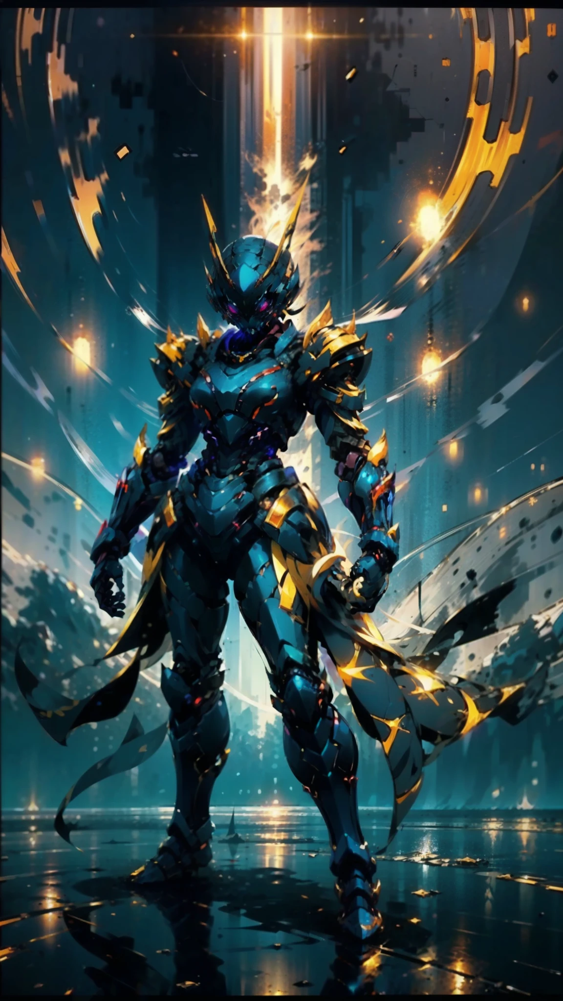 A woman adorned in fantasy-style full-body armor, a crown-concept fully enclosed helmet that unveils only her eyes, a composite layered chest plate, fully encompassing shoulder and hand guards, a lightweight waist armor, form-fitting shin guards, the overall design is heavy-duty yet flexible, ((the armor gleams with a golden glow, complemented by red and blue accents)), exhibiting a noble aura, she floats above a fantasy-surreal high-tech city, this character embodies a finely crafted fantasy-surreal style armored hero in anime style, exquisite and mature manga art style, (Queen bee mixed with Spider concept Armor, plasma, blood), ((Element, energy, elegant, goddess, femminine:1.5)), metallic, high definition, best quality, highres, ultra-detailed, ultra-fine painting, extremely delicate, professional, anatomically correct, symmetrical face, extremely detailed eyes and face, high quality eyes, creativity, RAW photo, UHD, 32k, Natural light, cinematic lighting, masterpiece-anatomy-perfect, masterpiece:1.5