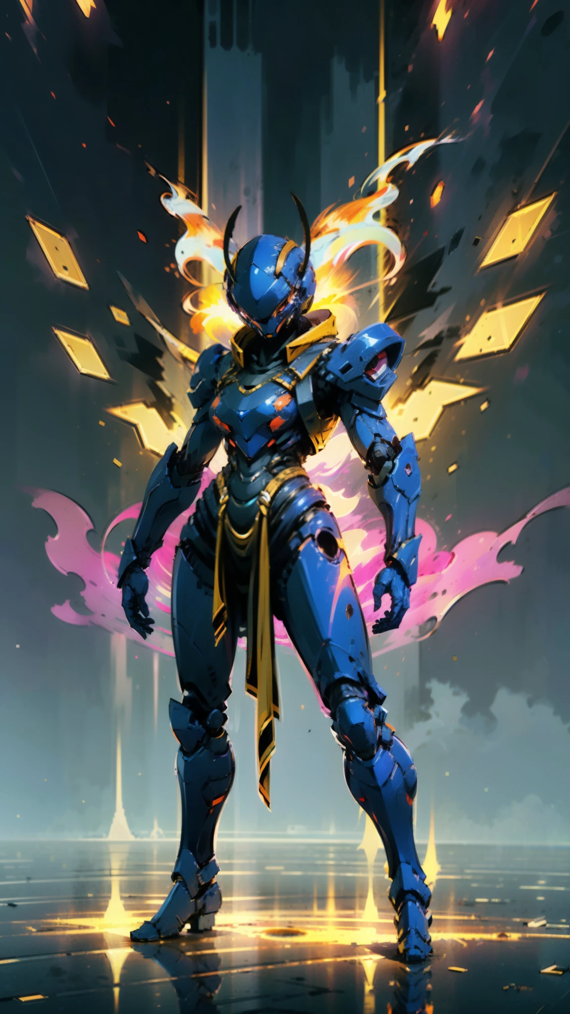 A woman adorned in fantasy-style full-body armor, a crown-concept fully enclosed helmet that unveils only her eyes, a composite layered chest plate, fully encompassing shoulder and hand guards, a lightweight waist armor, form-fitting shin guards, the overall design is heavy-duty yet flexible, ((the armor gleams with a golden glow, complemented by red and blue accents)), exhibiting a noble aura, she floats above a fantasy-surreal high-tech city, this character embodies a finely crafted fantasy-surreal style armored hero in anime style, exquisite and mature manga art style, (Queen bee mixed with Spider concept Armor, plasma, blood), ((Element, energy, elegant, goddess, femminine:1.5)), metallic, high definition, best quality, highres, ultra-detailed, ultra-fine painting, extremely delicate, professional, anatomically correct, symmetrical face, extremely detailed eyes and face, high quality eyes, creativity, RAW photo, UHD, 32k, Natural light, cinematic lighting, masterpiece-anatomy-perfect, masterpiece:1.5
