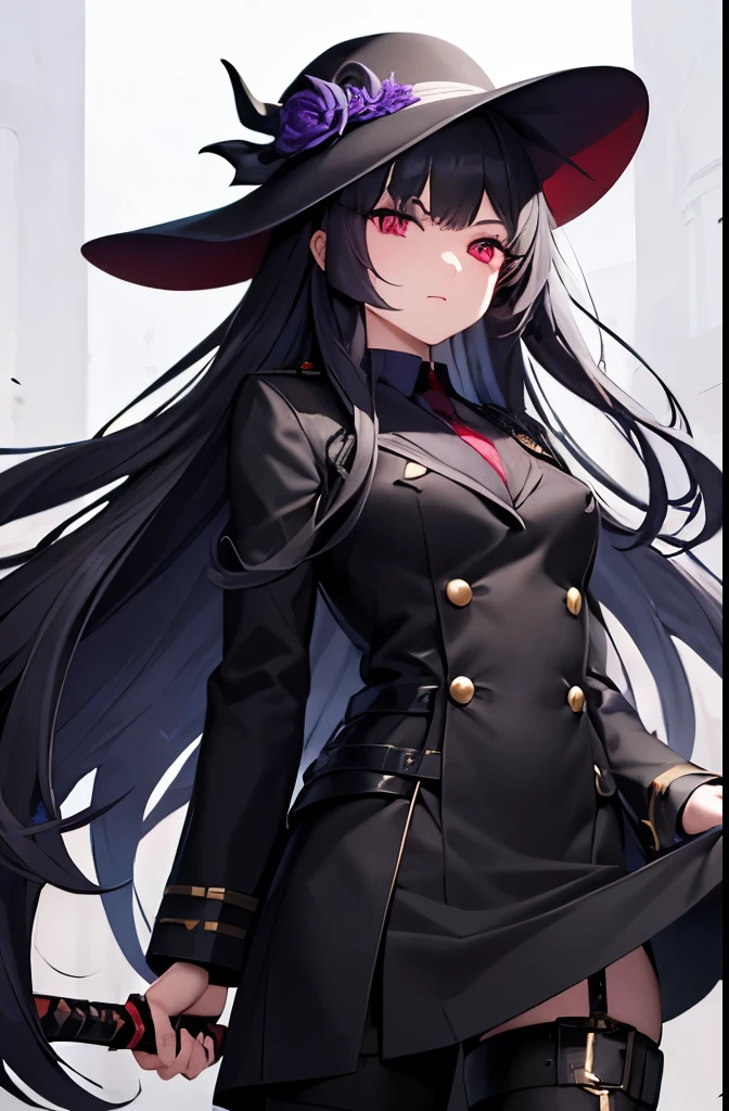 (masterpiece), (highest quality), Super detailed, perfect face, 1 female、uniform、blackのコート　leather、long gray hair、red　eye、purple　eye shadow、High leg、have a sword、Boots up to the knee　black、Perspective looking up from below、black　silk hat