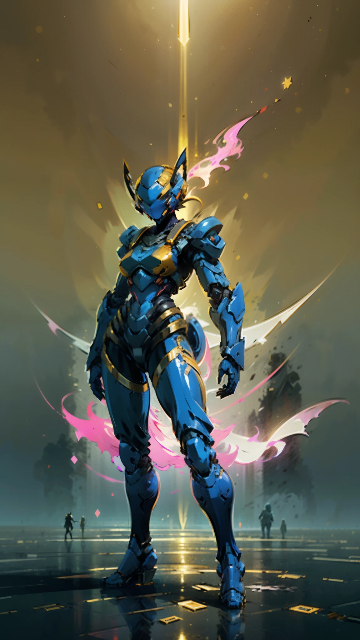 A woman adorned in fantasy-style full-body armor, a crown-concept fully enclosed helmet that unveils only her eyes, a composite layered chest plate, fully encompassing shoulder and hand guards, a lightweight waist armor, form-fitting shin guards, the overall design is heavy-duty yet flexible, ((the armor gleams with a golden glow, complemented by red and blue accents)), exhibiting a noble aura, she floats above a fantasy-surreal high-tech city, this character embodies a finely crafted fantasy-surreal style armored hero in anime style, exquisite and mature manga art style, (Queen bee mixed with Spider concept Armor, plasma, blood), ((Element, energy, elegant, goddess, femminine:1.5)), metallic, high definition, best quality, highres, ultra-detailed, ultra-fine painting, extremely delicate, professional, anatomically correct, symmetrical face, extremely detailed eyes and face, high quality eyes, creativity, RAW photo, UHD, 32k, Natural light, cinematic lighting, masterpiece-anatomy-perfect, masterpiece:1.5