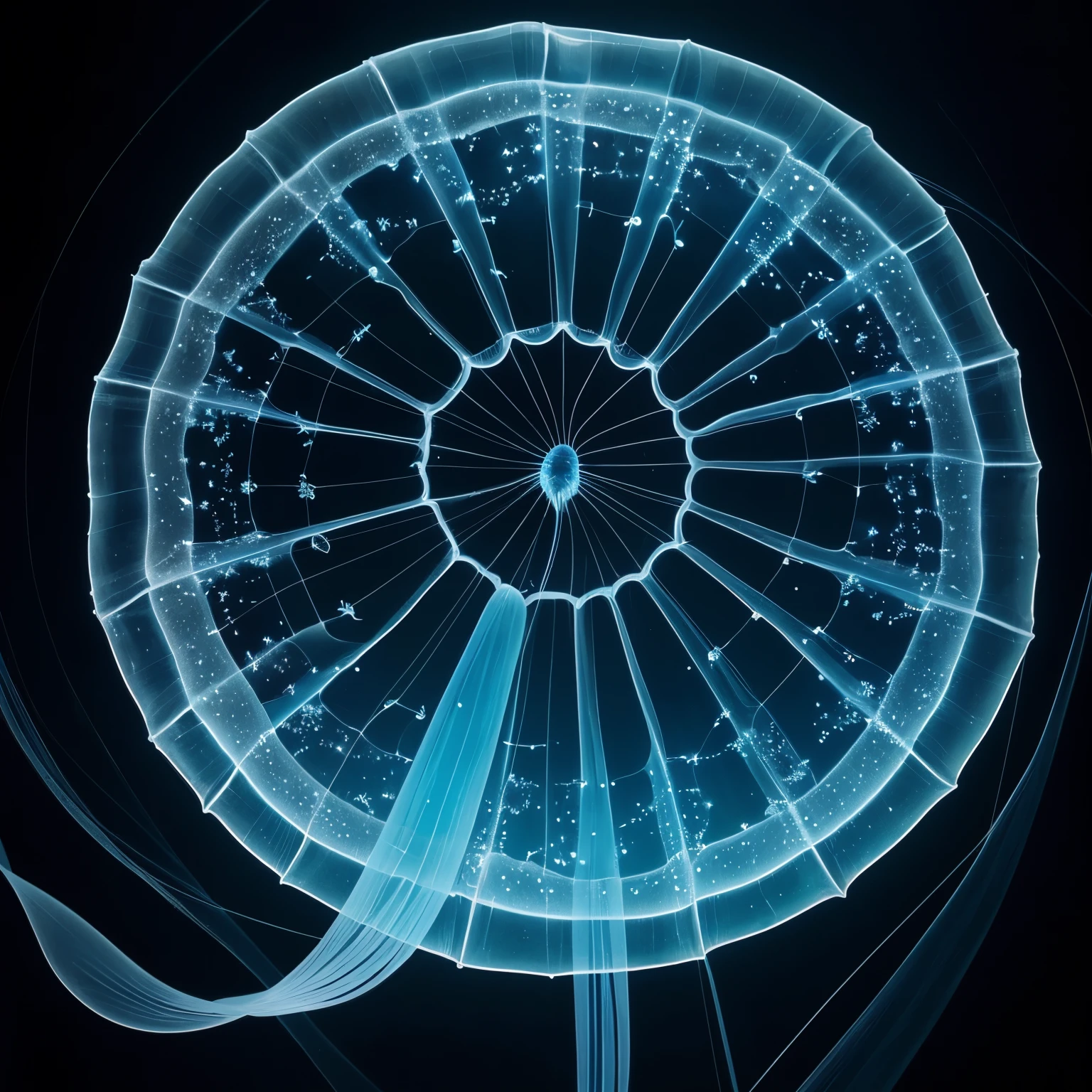 (jellyfish),(no human),animals,This captivating art piece is a vision of the deep blue cosmos, where colorful jellyfish float and glow against the dark backdrop of the night sky. Each jellyfish is a masterpiece of nature's geometry, its bioluminescent tentacles sparkling with an array of hues, reminiscent of a star-studded sky.The background is a deep, rich blue,  of the vast expanse of the universe, with its infinite secrets and mysteries. It is a canvas that draws the viewer into its velvety depths, making them feel as if they are floating in the infinite vastness of space.The jellyfish themselves are a marvel of nature. Their soft, gelatinous bodies undulate gracefully in the gentle currents of the sea, almost as if they are dancing in sync with the stars above. The play of light and shadow across their translucent forms gives them a ghostly quality, making them appear ethereal and unearthly.The artist's stroke is both delicate and bold, creating a sense of movement and life in each jellyfish. The tentacles, adorned with rainbow hues, seem to glow with an inner light, much like the stars in the night sky. The artist captures not just the physical beauty of the jellyfish but also their otherworldly essence, their ability to evoke a sense of wonder and curiosity in those who gaze upon them.In this piece, the artist successfully captures the essence of the jellyfish: their fragile beauty, their ethereal nature, and their place as denizens of the vast and mysterious ocean. It is a testament to the artist's skill that they are able to transform these often overlooked into figures of intrigue and fascination,completing the stable diffusion of serenity and contentment,masterpiece, best quality