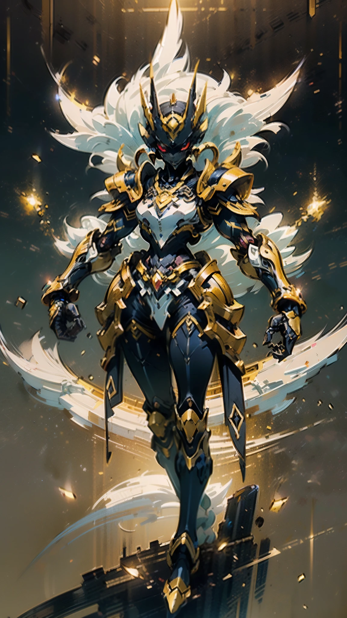 A woman adorned in fantasy-style full-body armor, a crown-concept fully enclosed helmet that unveils only her eyes, a composite layered chest plate, fully encompassing shoulder and hand guards, a lightweight waist armor, form-fitting shin guards, the overall design is heavy-duty yet flexible, ((the armor gleams with a golden glow, complemented by red and blue accents)), exhibiting a noble aura, she floats above a fantasy-surreal high-tech city, this character embodies a finely crafted fantasy-surreal style armored hero in anime style, exquisite and mature manga art style, (Queen bee mixed with Spider concept Armor, plasma, blood), ((Element, energy, elegant, goddess, femminine:1.5)), metallic, high definition, best quality, highres, ultra-detailed, ultra-fine painting, extremely delicate, professional, anatomically correct, symmetrical face, extremely detailed eyes and face, high quality eyes, creativity, RAW photo, UHD, 32k, Natural light, cinematic lighting, masterpiece-anatomy-perfect, masterpiece:1.5